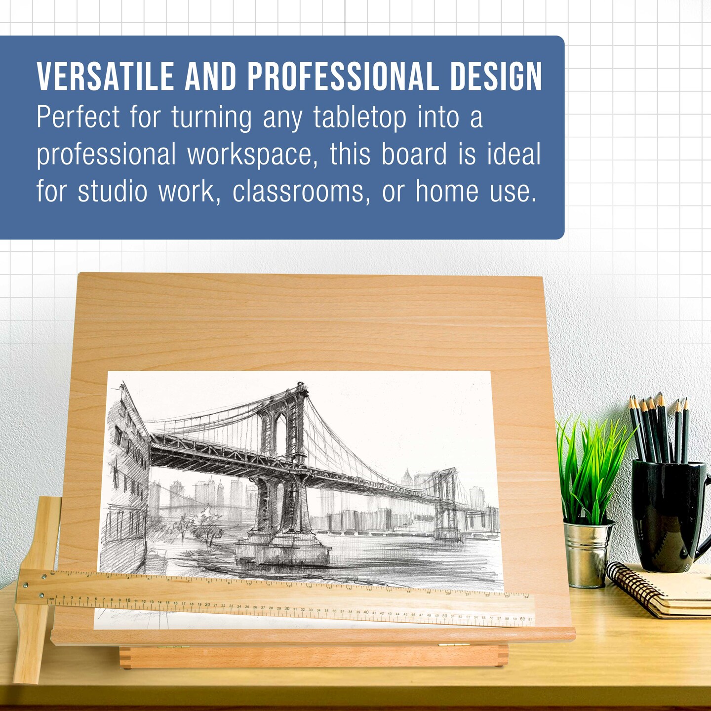 X-Large 26" x 21" Wooden Drawing Board, Adjustable Table Top Easel for Painting and Drawing - Drafting Board with T-Square, Pencil Ledge