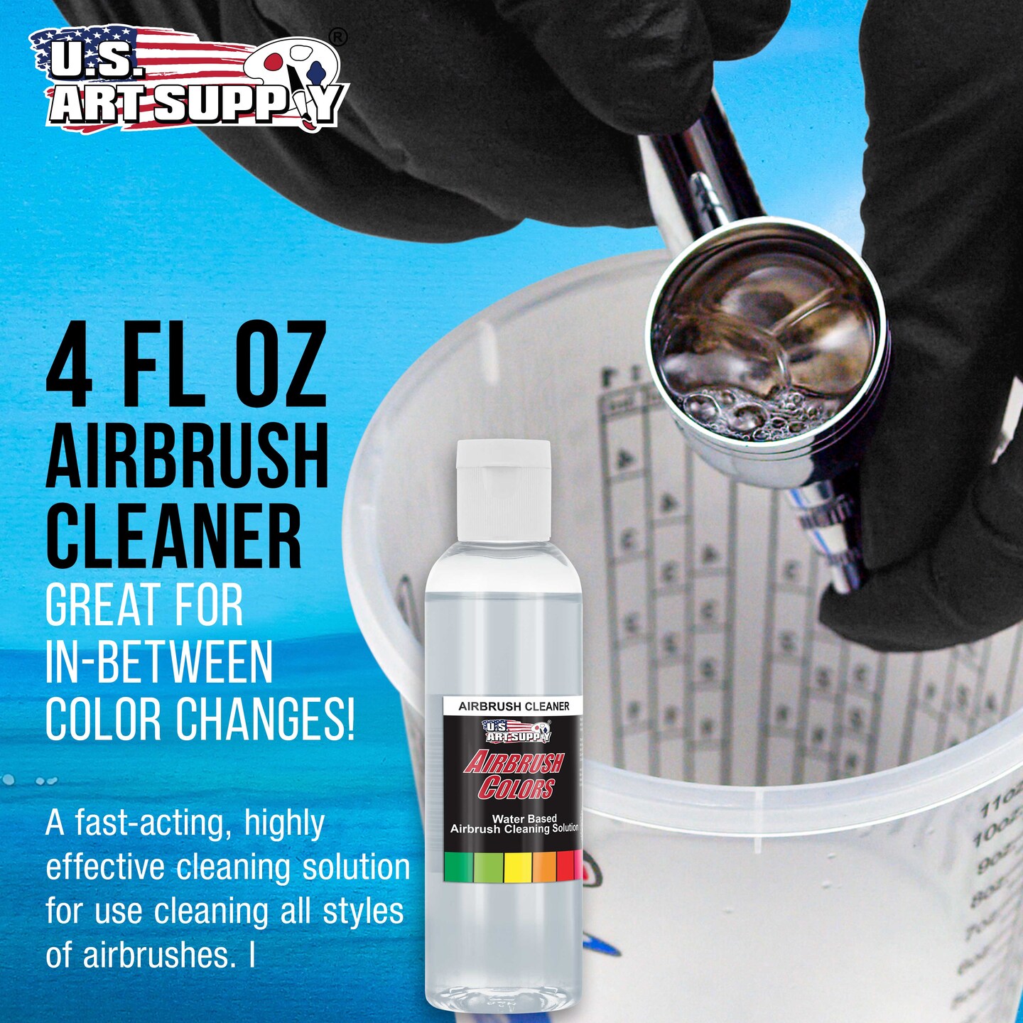 U.S. Art Supply 4oz Airbrush Cleaner - Fast-Acting Cleaning Solution for Water-Based Mediums, Acrylic Paint, Makeup - Air Brush Cleaner for Clogged Airbrushes, Paint Brushes, Artist Tools