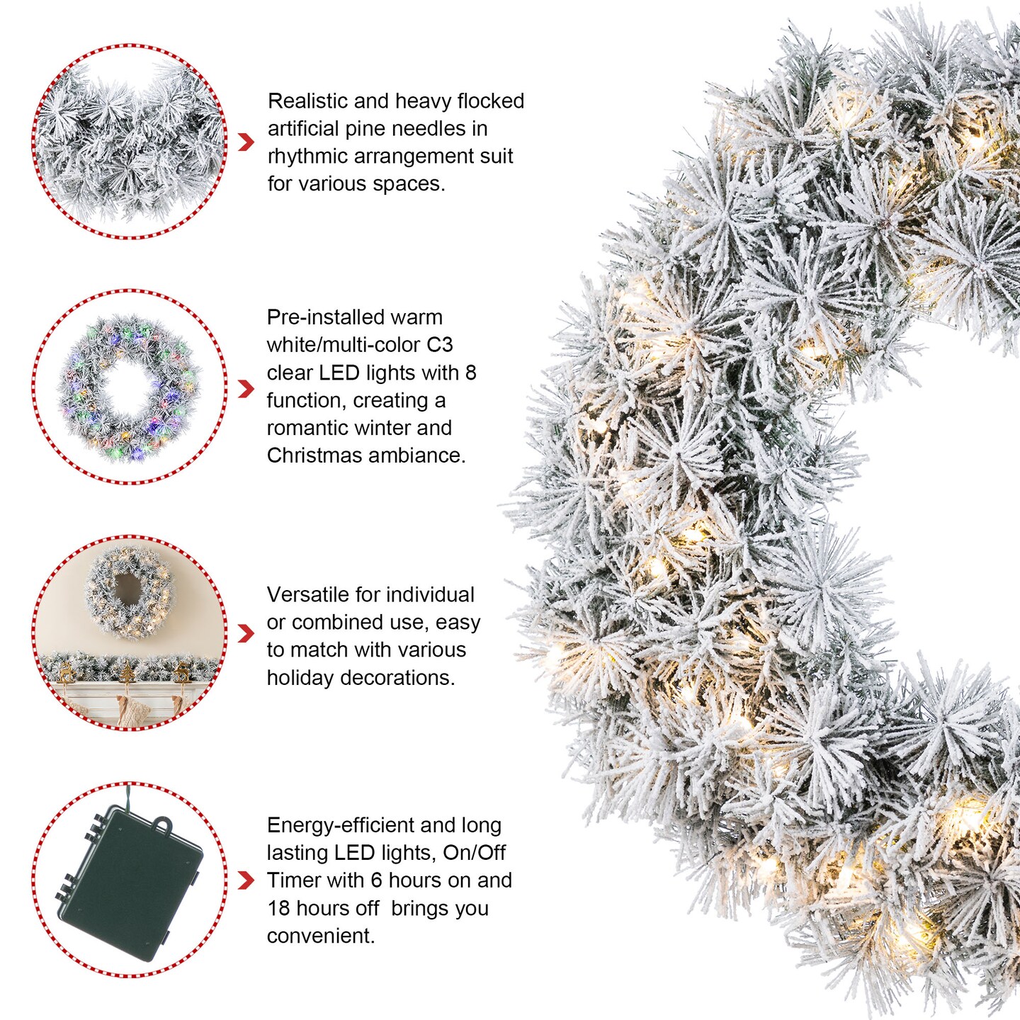 Christmas Snow Flocked Greenery Pine Garland & Wreath & Teardrop Set, with Warm White/Multi-color C3 Clear LED Lights and Timer,8 Function
