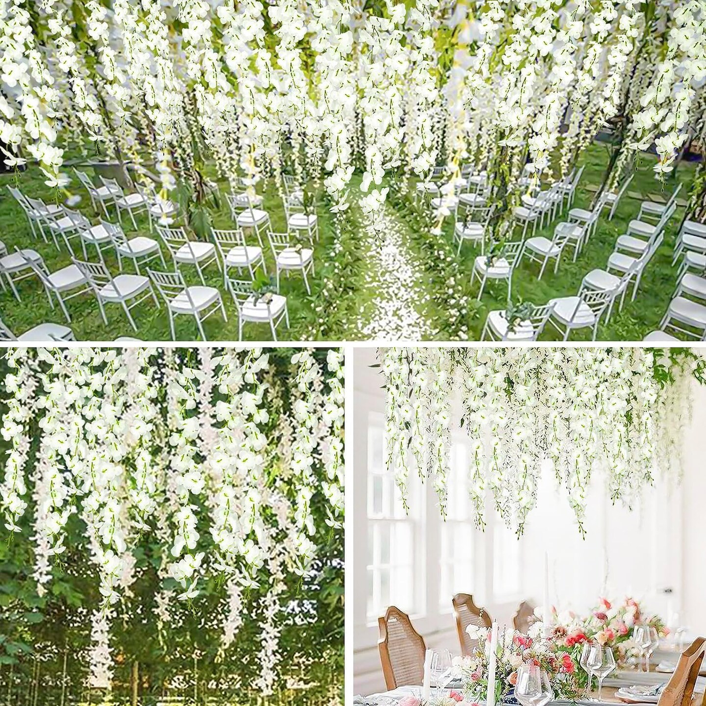 12 Pack Wisteria Hanging Artificial Flowers – 36 Branches, 3.7 ft Silk Vine Garland in Beige, Green & White for Wedding, Party, Garden & Home Wall Décor