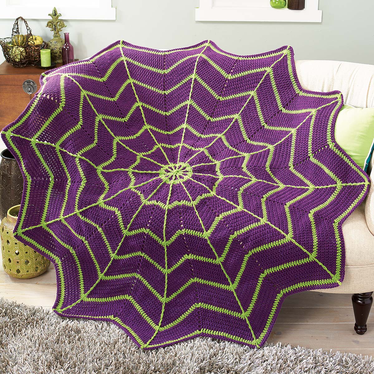 Herrschners  Spider Web Afghan - Purple/Green Crochet Kit