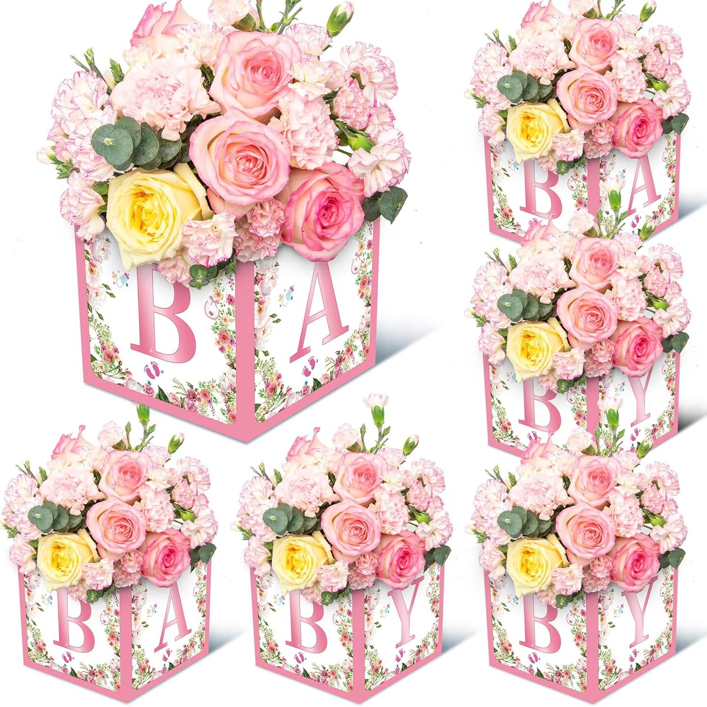Pink Floral Baby Shower Centerpiece Boxes with 'BABY' Letters, Perfect for Girl Baby Shower, Gender Reveal Party Favors, Flower Arrangements, and Table Decorations