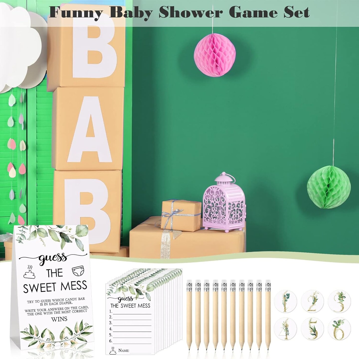 67 Pcs Guess The Sweet Mess Baby Shower Game Dirty Diaper Game Including Guess The Sweet Mess Sign 50 Small Cards 10 Pencils and 6 Number Stickers for Baby Shower Gender Reveal Party