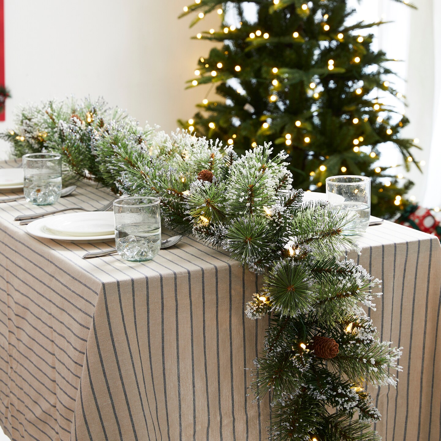 Set of 4 6ft Pre-Lit Frosted Greenery Pinecones Christmas Garland, with 35 C3 Clear LED Lights and Timer, Three Function