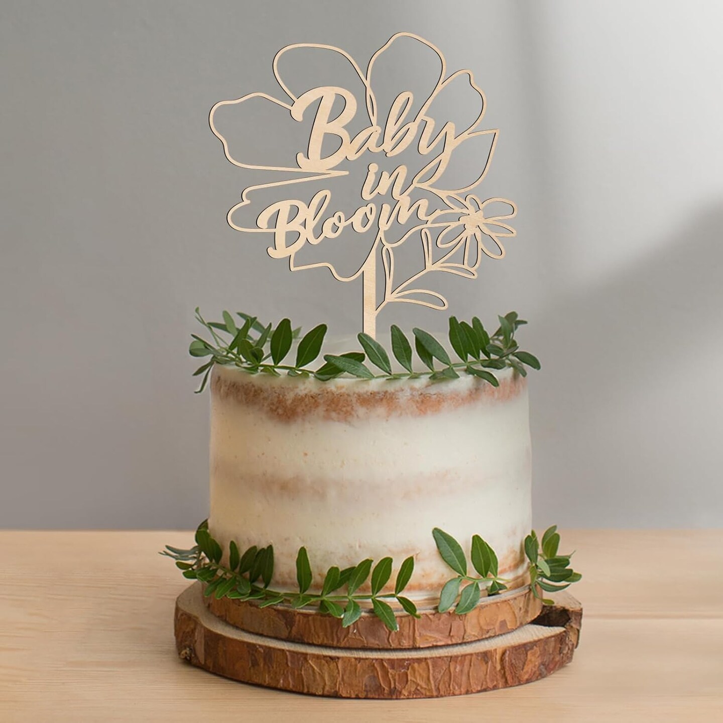 Baby in Bloom Cake Topper in Wood Baby Shower Gender Reveal Party Cake Decoration (Design 02)
