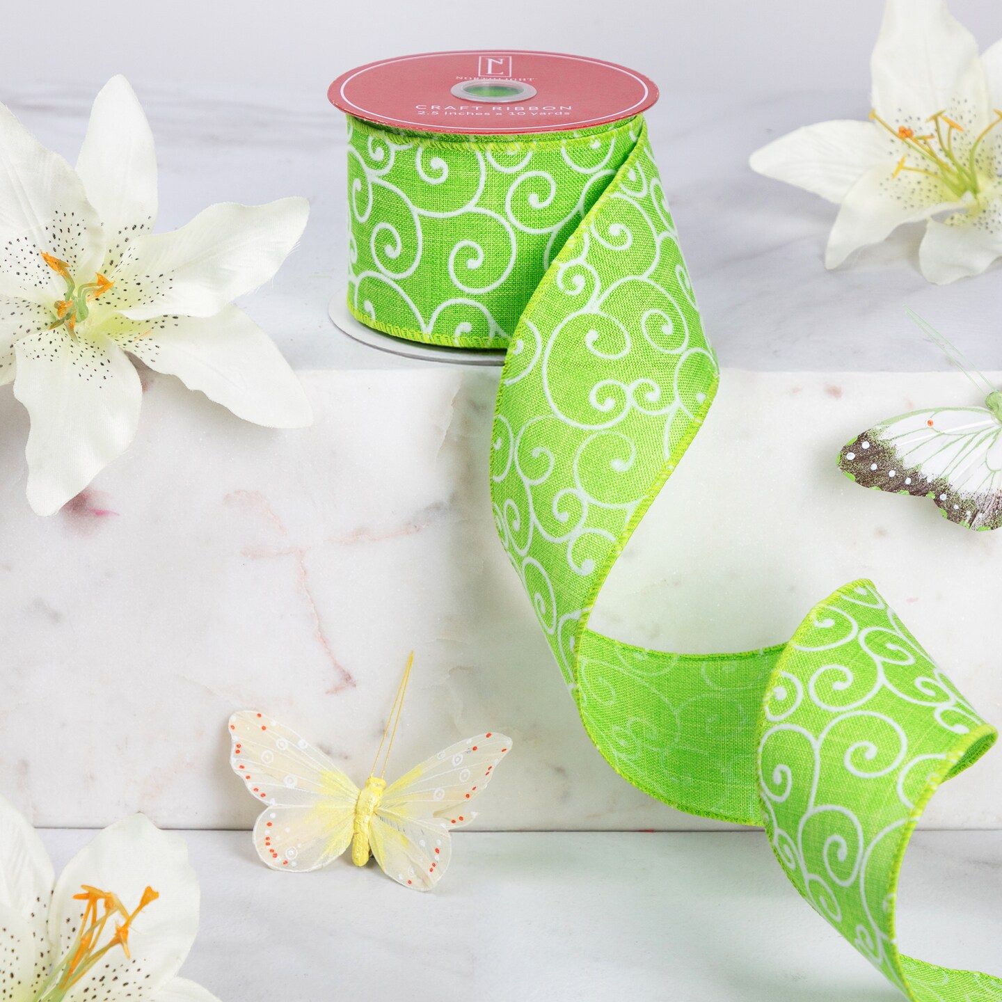 Northlight Swirl Wired Spring Craft Ribbon - 2.5&#x22; x 10 Yards - Green and White