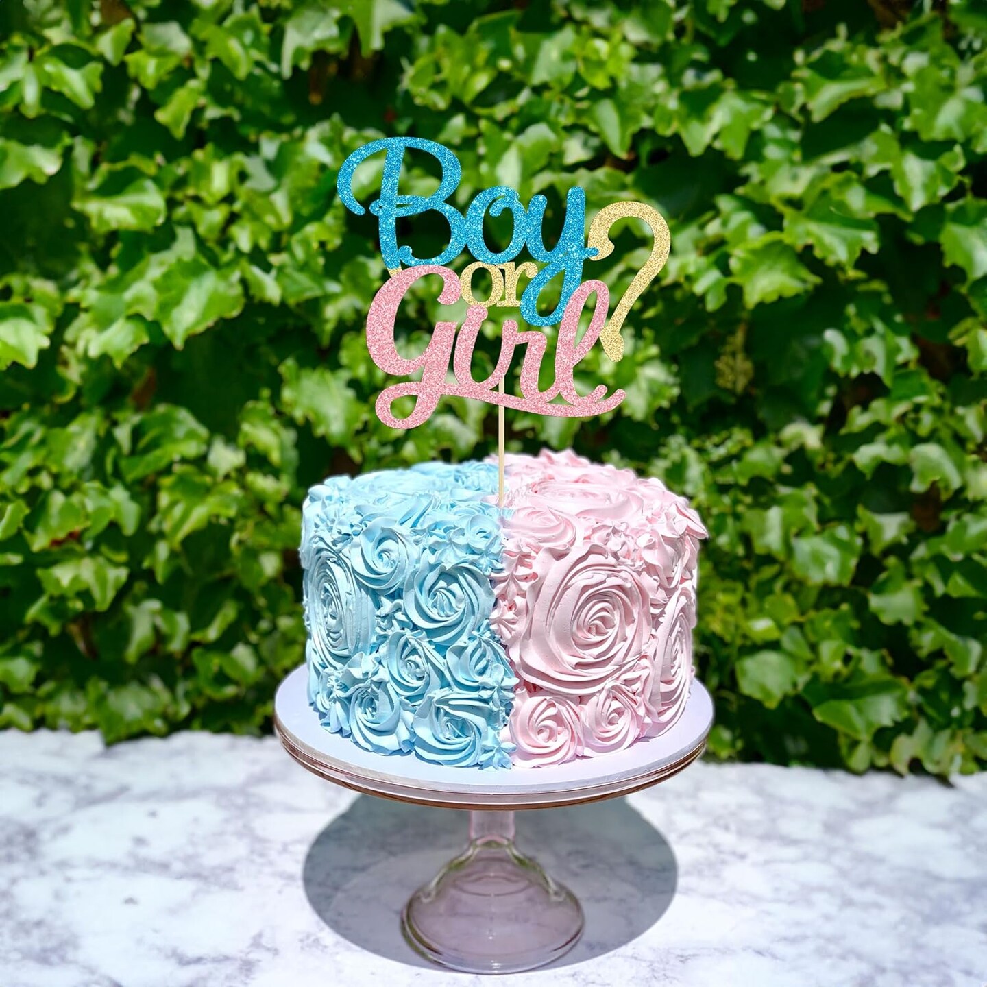 1 Pack Glitter Boy or Girl Cake Topper Blue and Pink Glitter He or She Cake Decoration Pick for Baby Shower Gender Reveal Party Decorations Supplies
