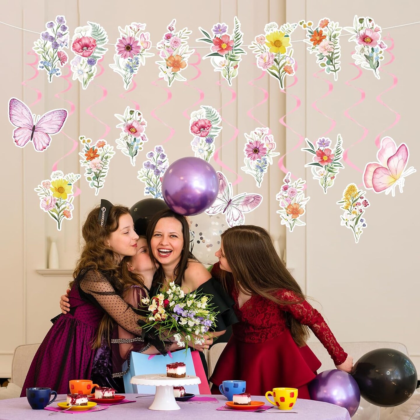 Wildflower Butterfly Party Decorations – 13 Pcs Pink Floral Banner Garland with Hanging Swirls for Birthday, Baby Shower & Garden Party Décor