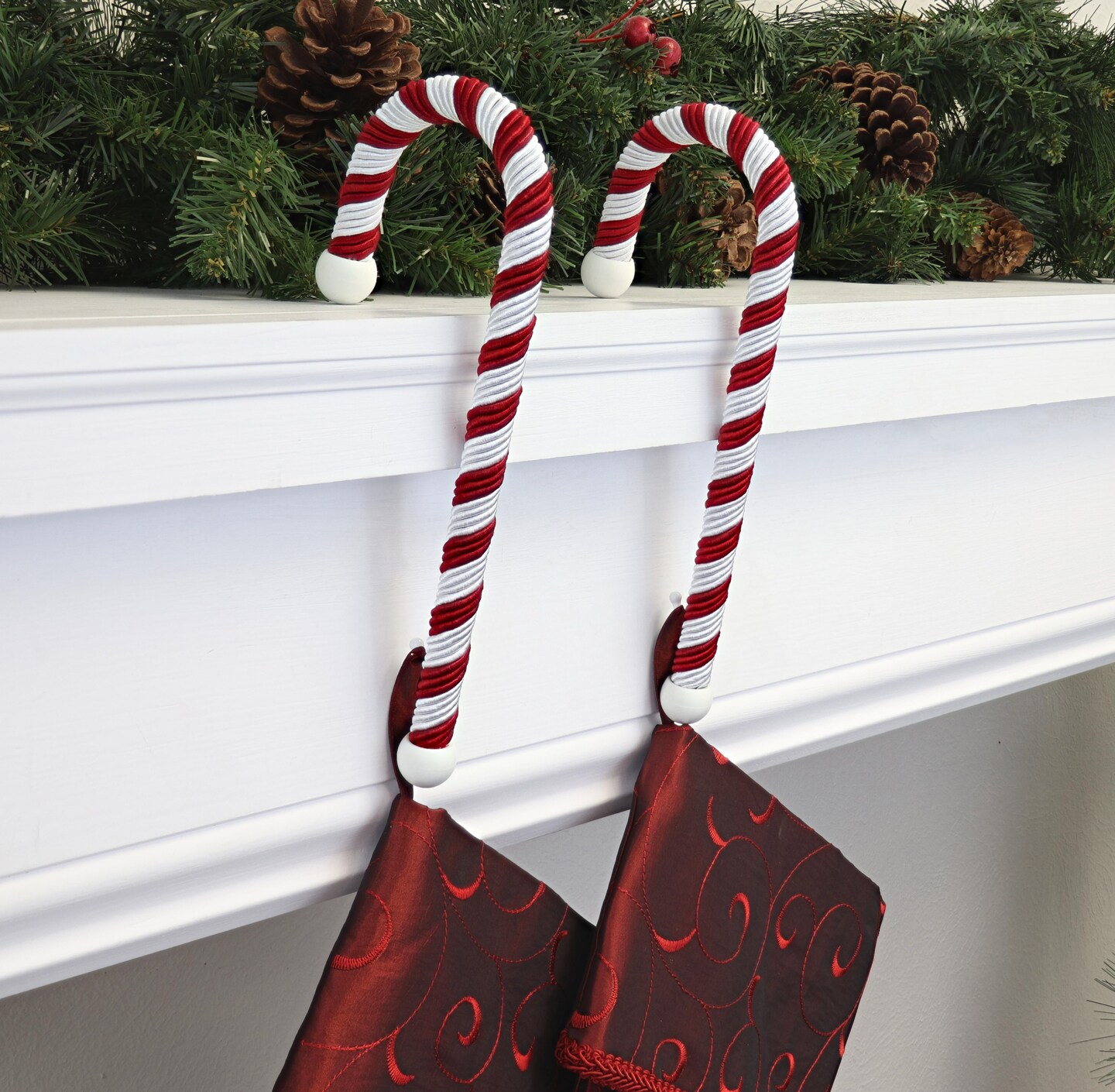Haute Decor Candy Cane Stocking Holder (Large Classic 2-Pack) - Christmas Stocking Hanger for Various Mantel Styles