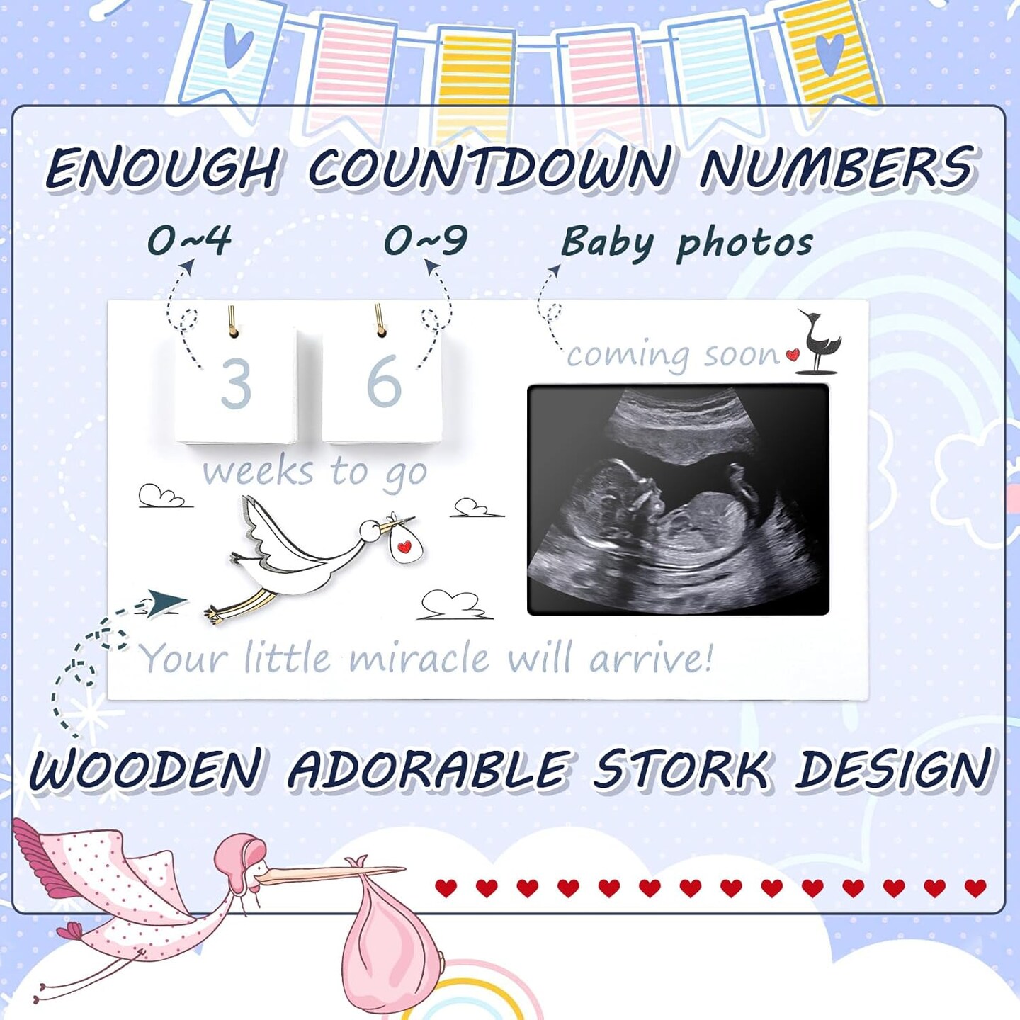 Baby Sonogram Picture Frame with Countdown Weeks 4&#x22;x3&#x22; Ultrasound Photo Frames - Pregnancy Announcement Gifts for Expecting Parents, Baby Shower Gifts
