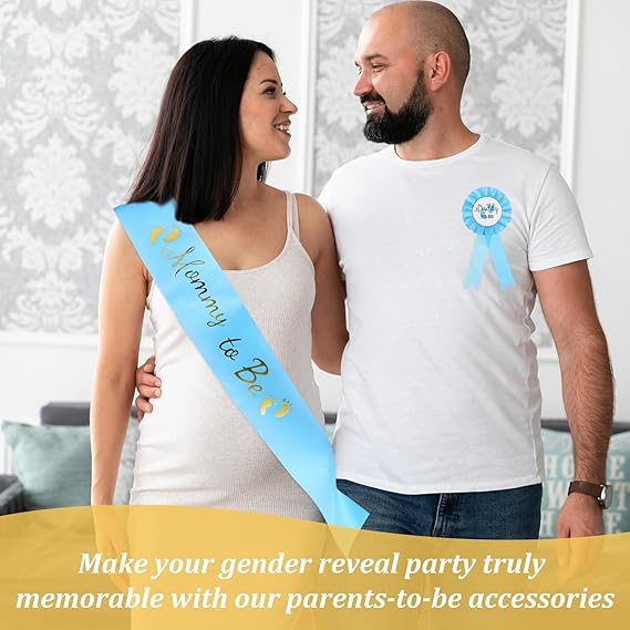 2 Pack Blue Baby Shower Sash Mom to Be Sash Baby Shower Mommy And Daddy To Be Badge Decorations Gender Reveal Props