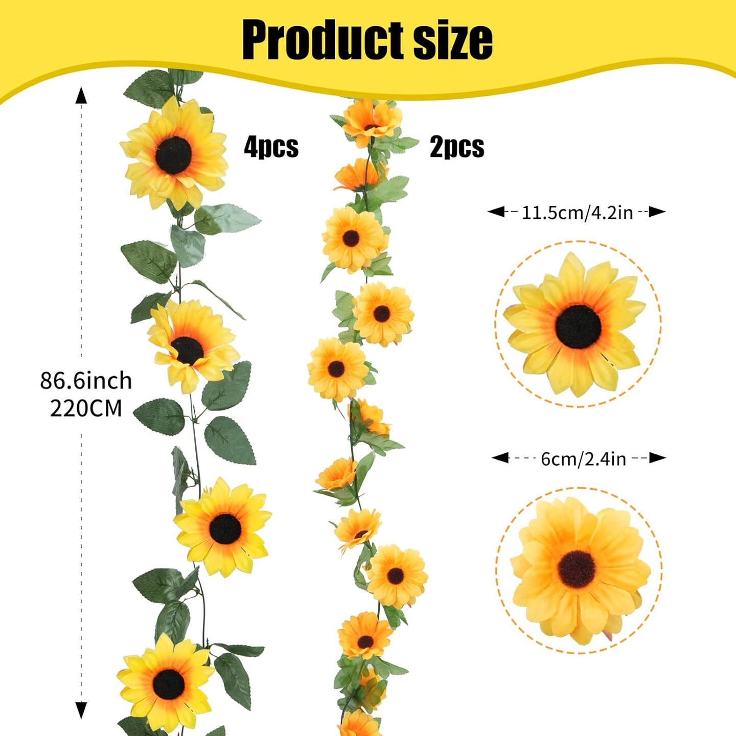 6-Pack Artificial Sunflower Garland Set (43.2ft Total) - 7.2ft Silk Yellow Flower Vines with Green Leaves - Realistic Hanging Floral Decor for Fall Weddings, Birthdays, Garden Parties & Home Tables