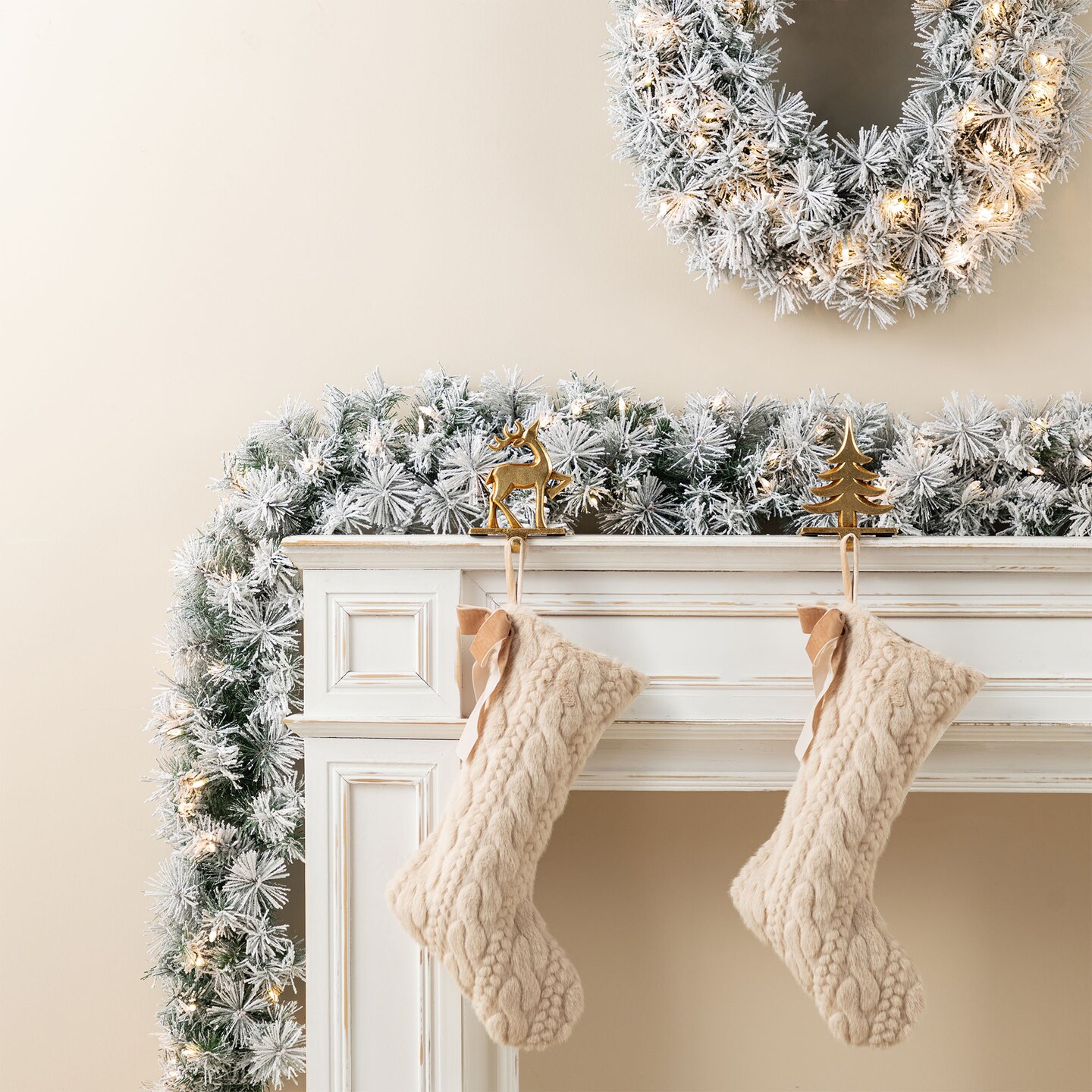 Christmas Snow Flocked Greenery Pine Garland &#x26; Wreath &#x26; Teardrop Set, with Warm White/Multi-color C3 Clear LED Lights and Timer,8 Function