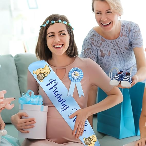 Winnie Baby Shower Sash Mom to Be Sash and Dad to Be Pin Flower Crown for Gender Reveals Party Baby Shower Decorations
