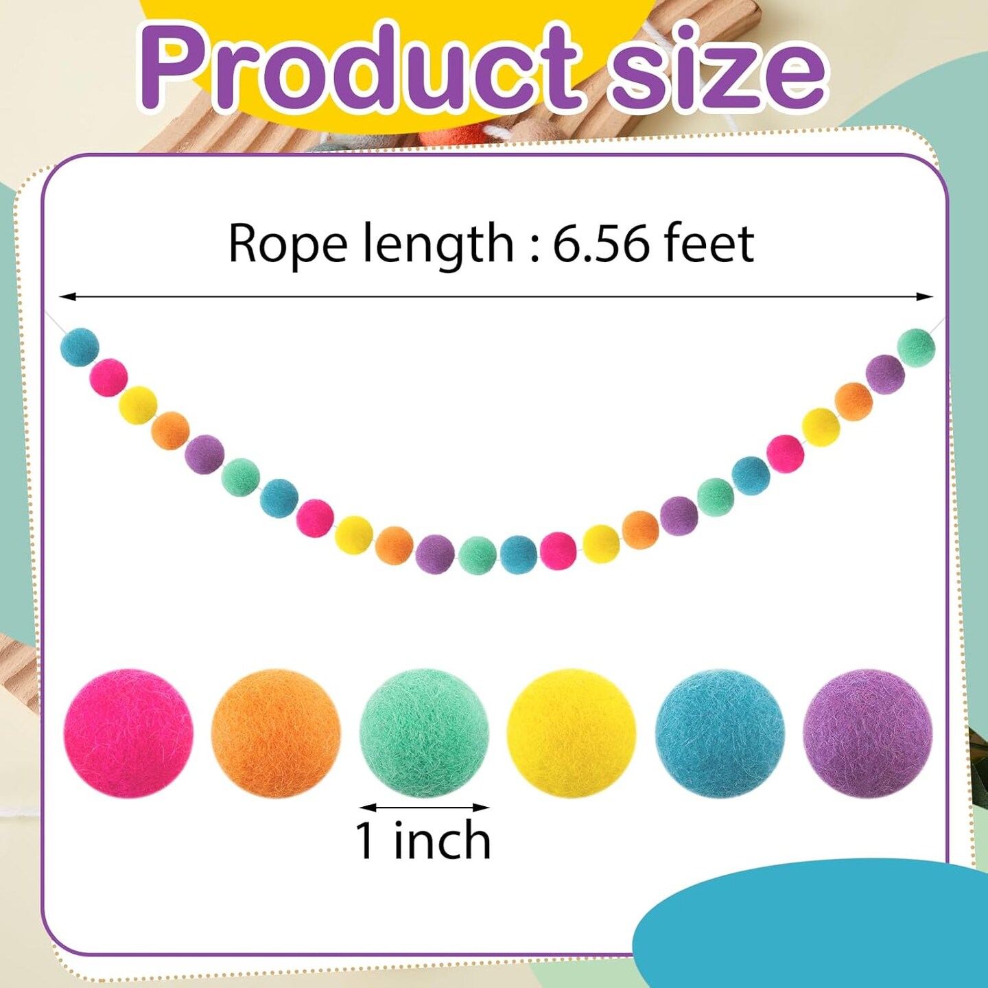 2PCS Wool Felt Ball Garland – Colorful Pom Pom Garland, Handmade 6.5FT with 24 Balls for Wall, Christmas Tree & Home Decoration (Multicolor)