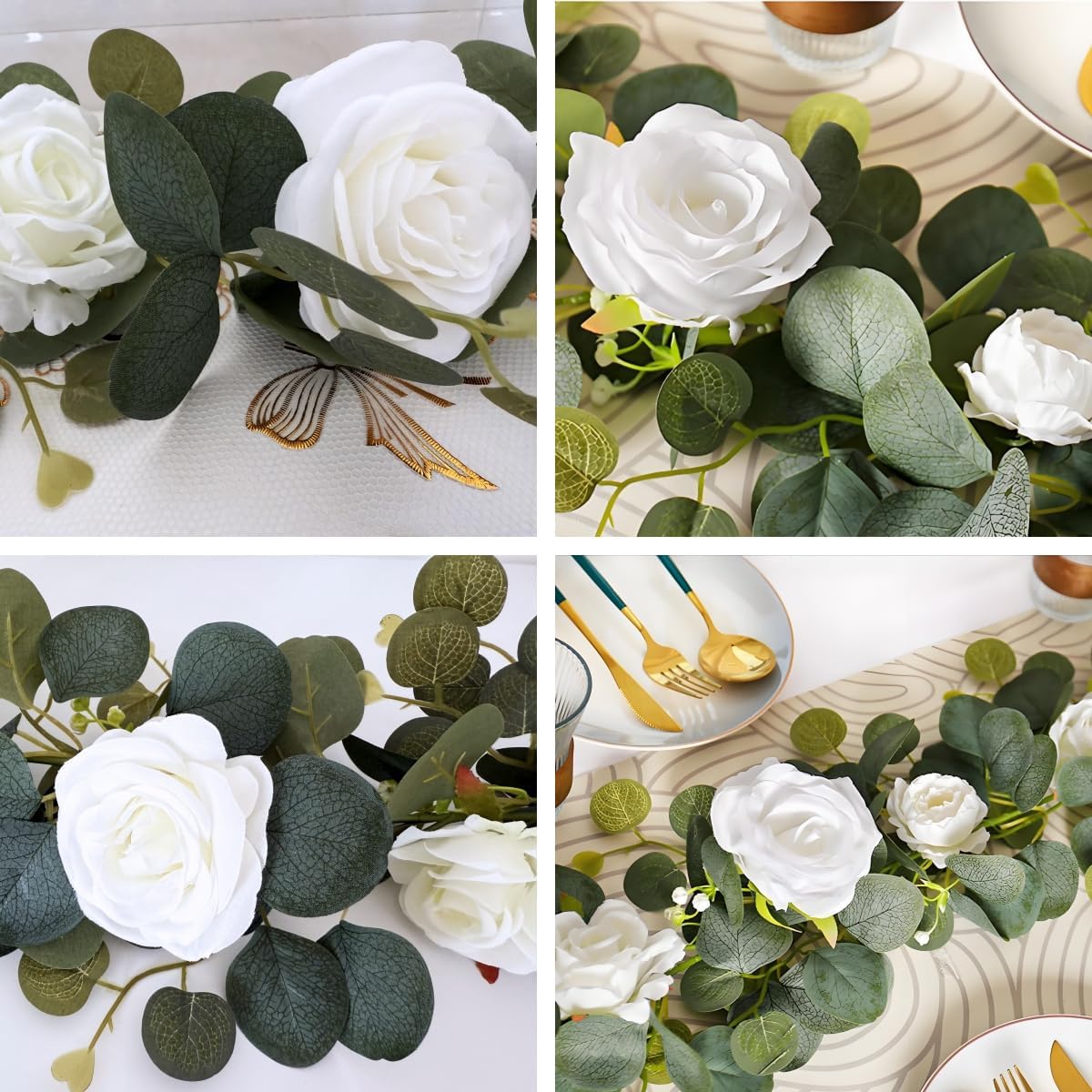 White Flower Garland Artificial Eucalyptus Garland with 14 Rose Flowers, Wedding Arch Flowers Backdrop Faux Plant Fake Rose Vine Party Table Runner Decor Floral Greenery Garlands