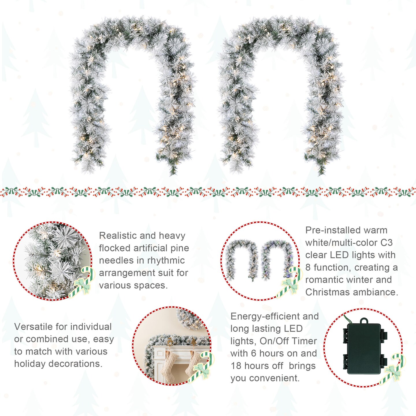 Christmas Snow Flocked Greenery Pine Garland & Wreath & Teardrop Set, with Warm White/Multi-color C3 Clear LED Lights and Timer,8 Function
