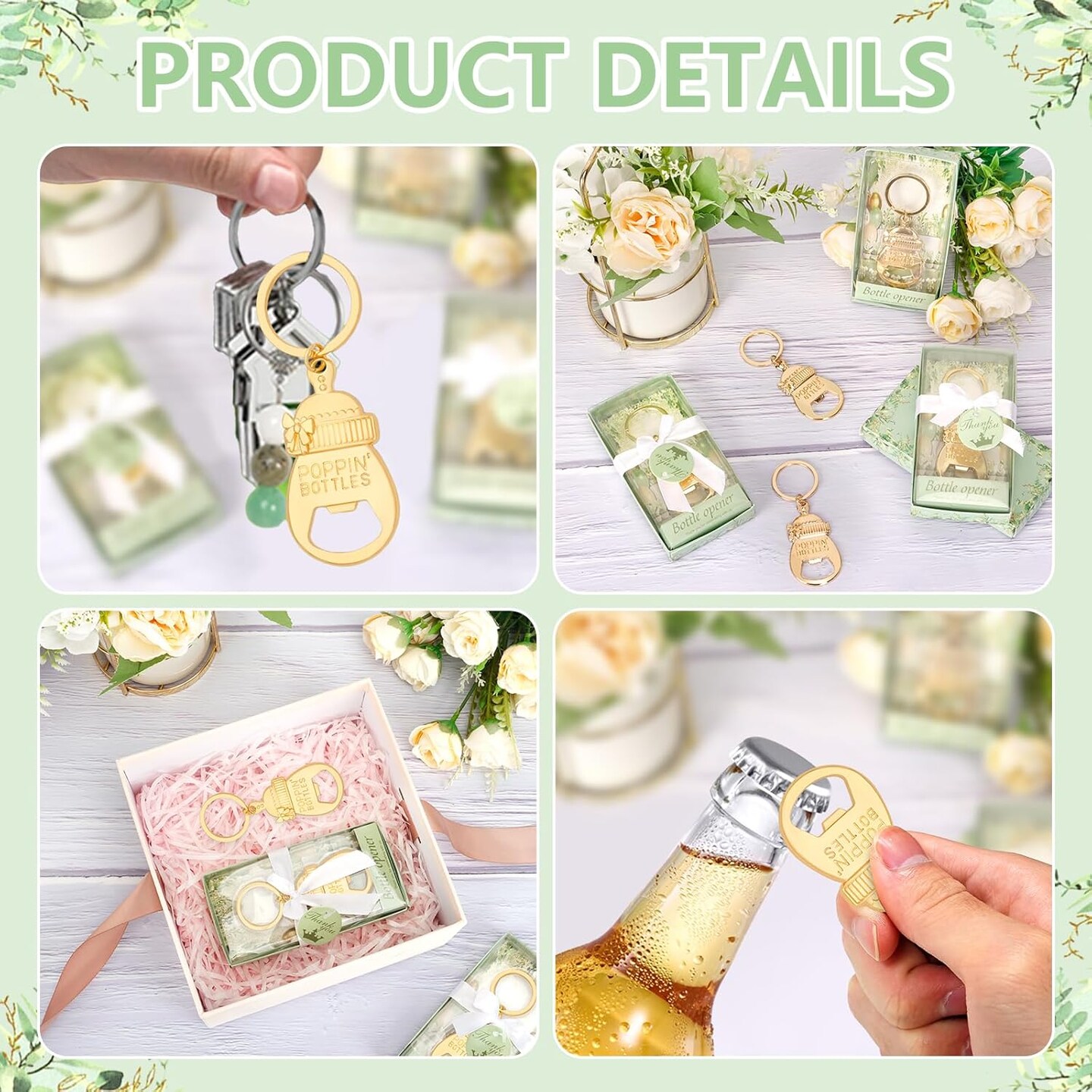 50Pcs Popping Bottle Openers Baby Shower Party Favors for Guests Bottle Opener Keychain Decorations and Souvenirs with Gift Box, for Gender Reveal Return Giveaways