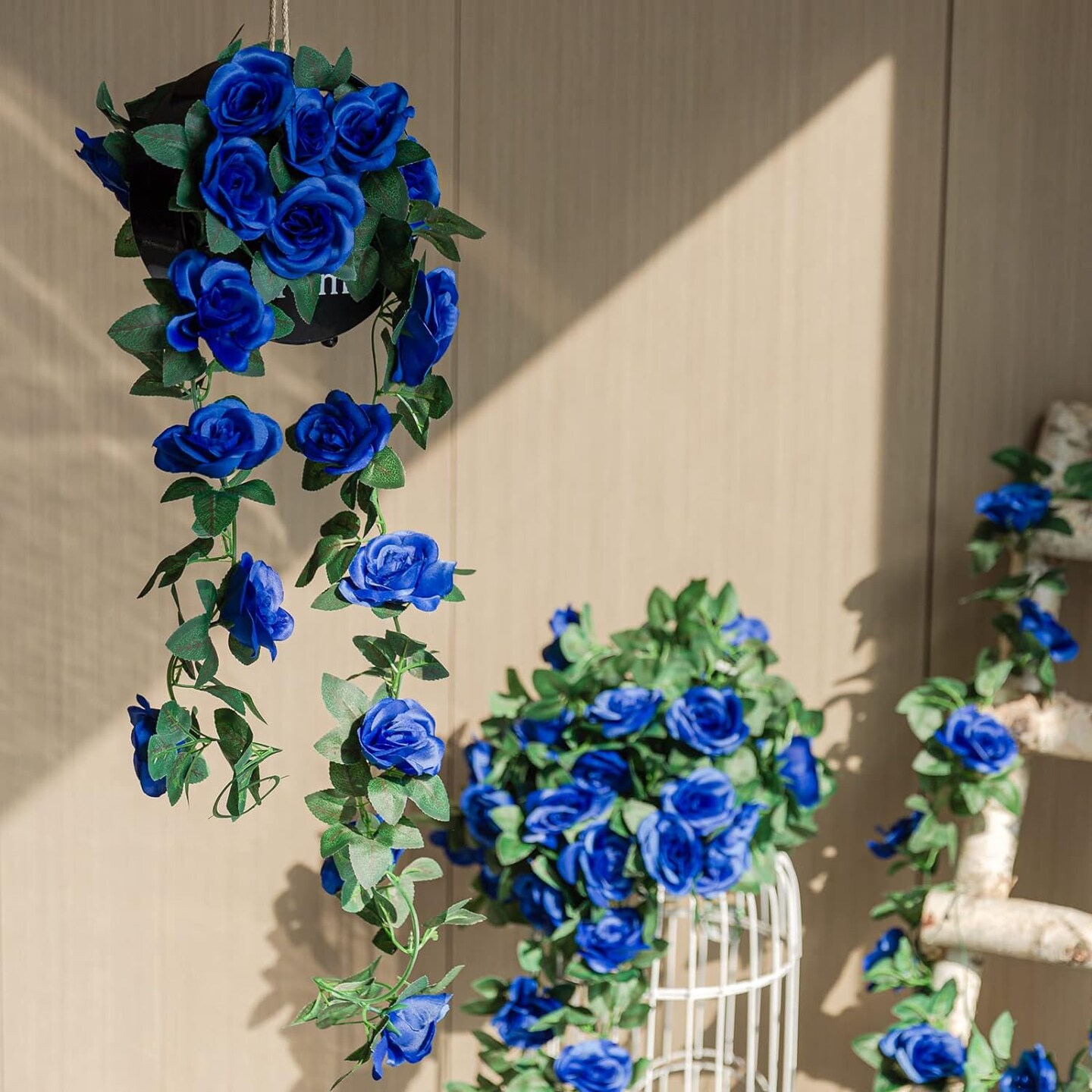 2 Pack (16FT) Artificial Rose Vine Fake Flowers Garland Hanging Silk Rose Ivy Plants Vine for Wedding Arch Party Garden Home Bedroom Office Wall Aesthetic Art D&#xE9;cor (Royal Blue)