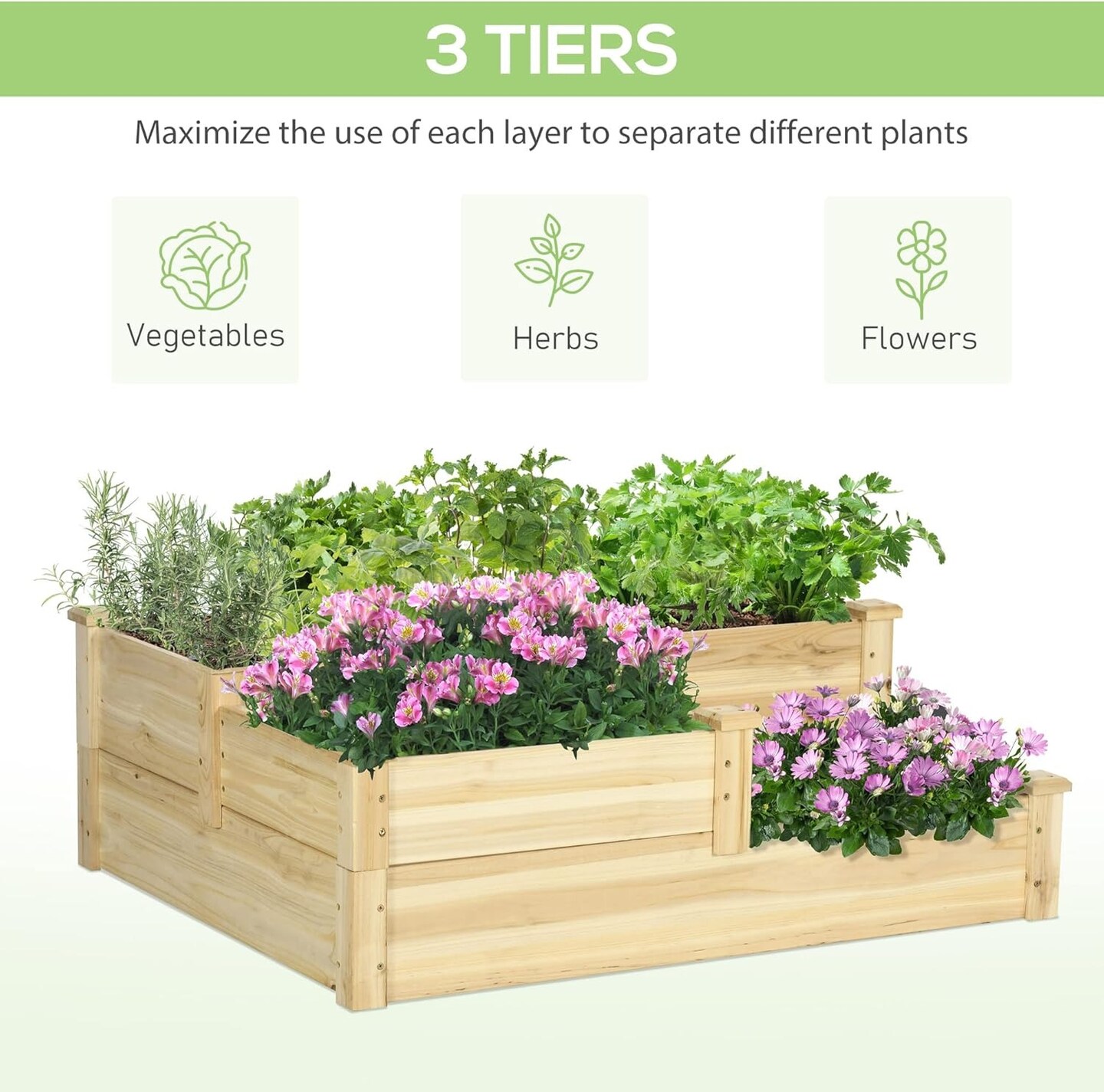 3-Tier Wooden Raised Garden Bed with Open Bottom