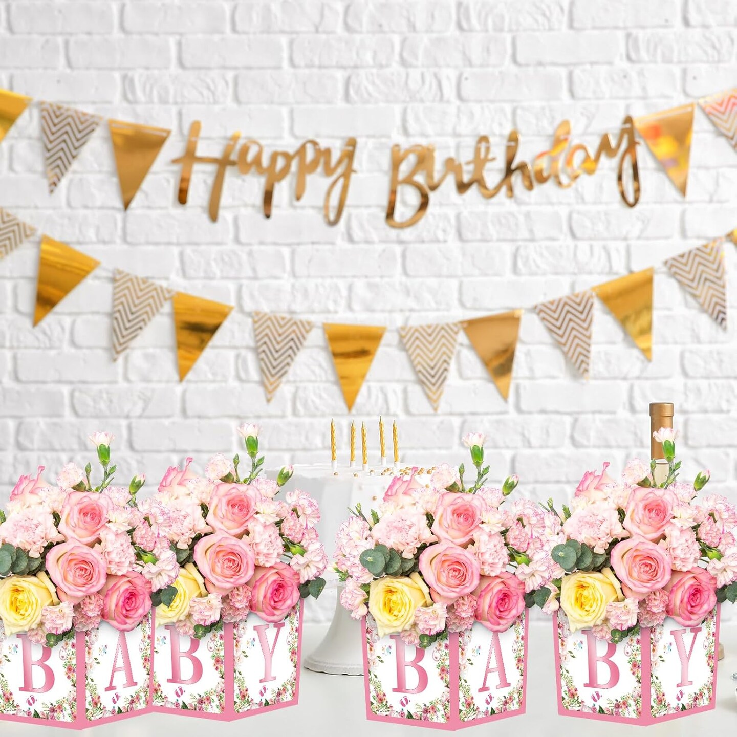 Pink Floral Baby Shower Centerpiece Boxes with 'BABY' Letters, Perfect for Girl Baby Shower, Gender Reveal Party Favors, Flower Arrangements, and Table Decorations