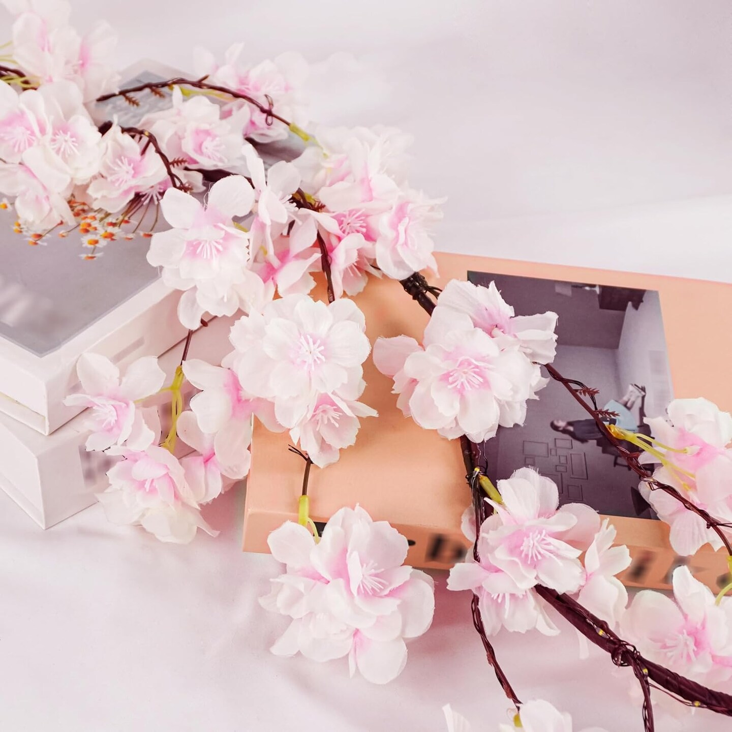 6FT Lighted Cherry Blossom Garland with 100 Fairy Lights – Battery Operated Artificial Cherry Blossom Vines with Timer for Mantle, Home, Wedding, Party, and Office Decor