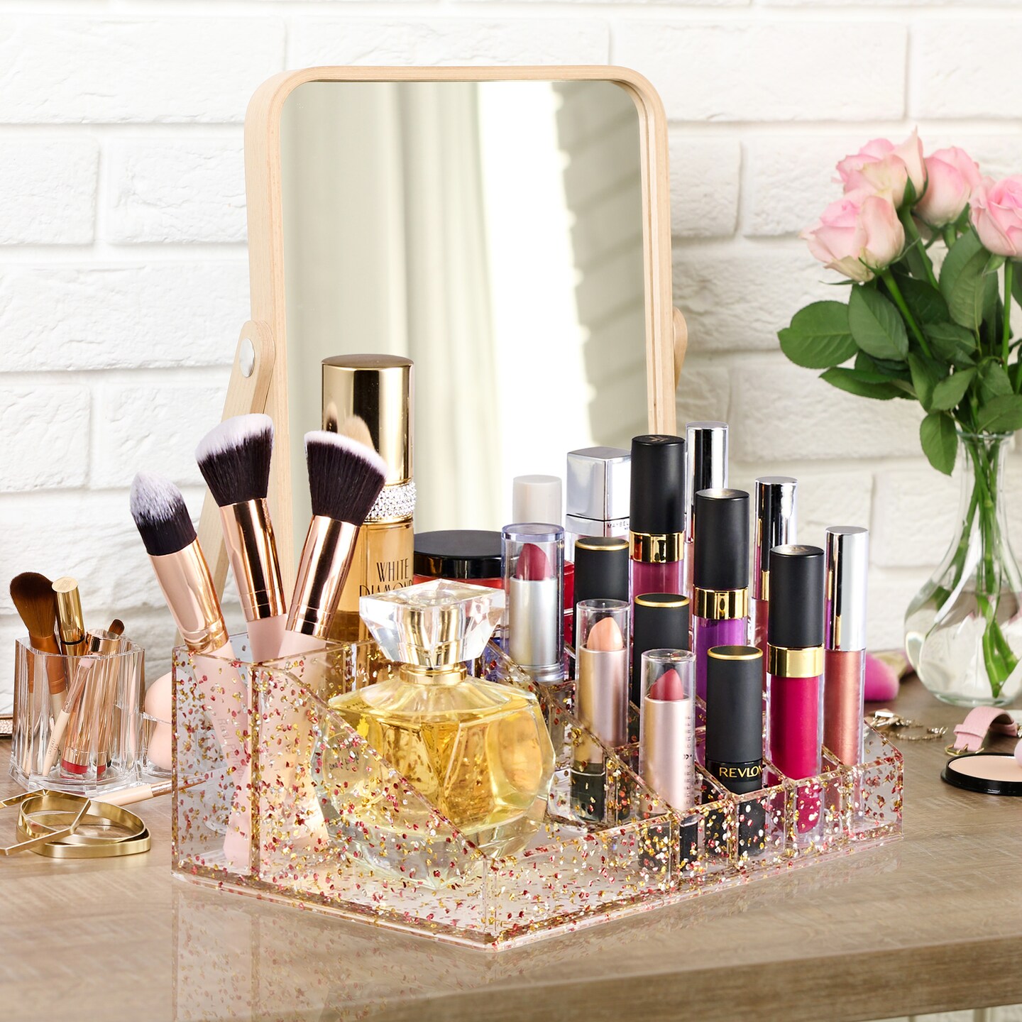 Sorbus 16 Slot Glitter Acrylic Makeup Organizer for Vanity and Bathroom