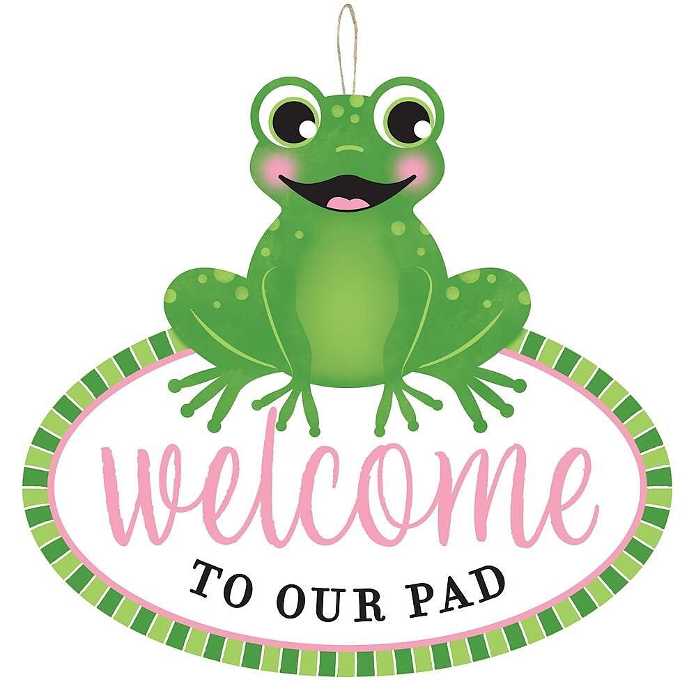 12" Welcome to Our Pad Frog Sign, Wall/Door Hanger - For DIY Crafts, Wreaths, Classroom Decorations, Centerpieces