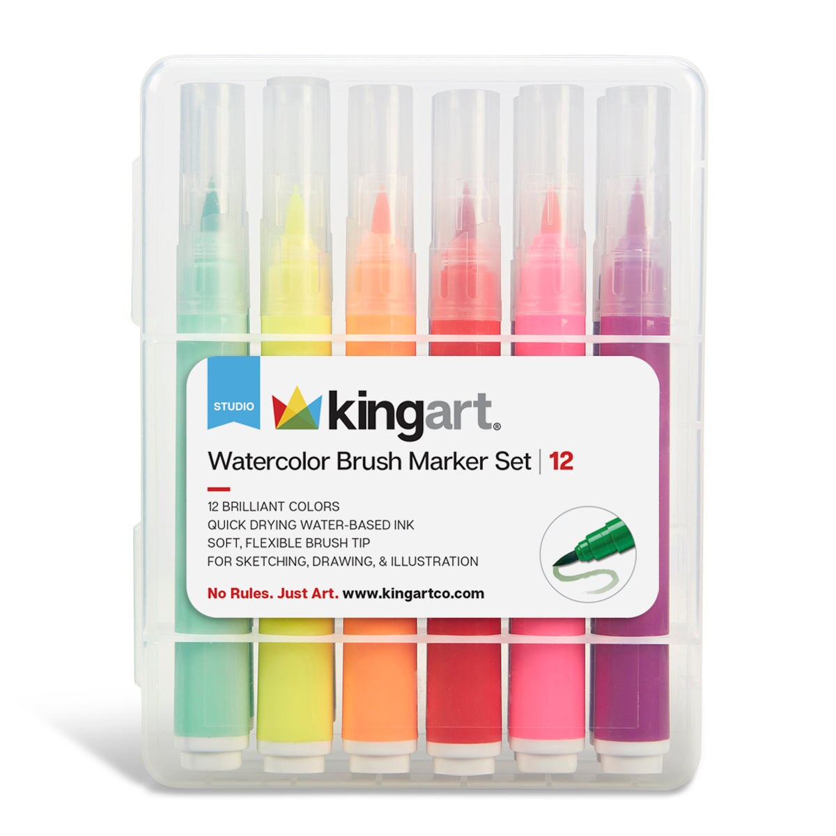 KINGART® Soft Tip Watercolor Brush Marker Set With Case, Set of 12 Unique Colors