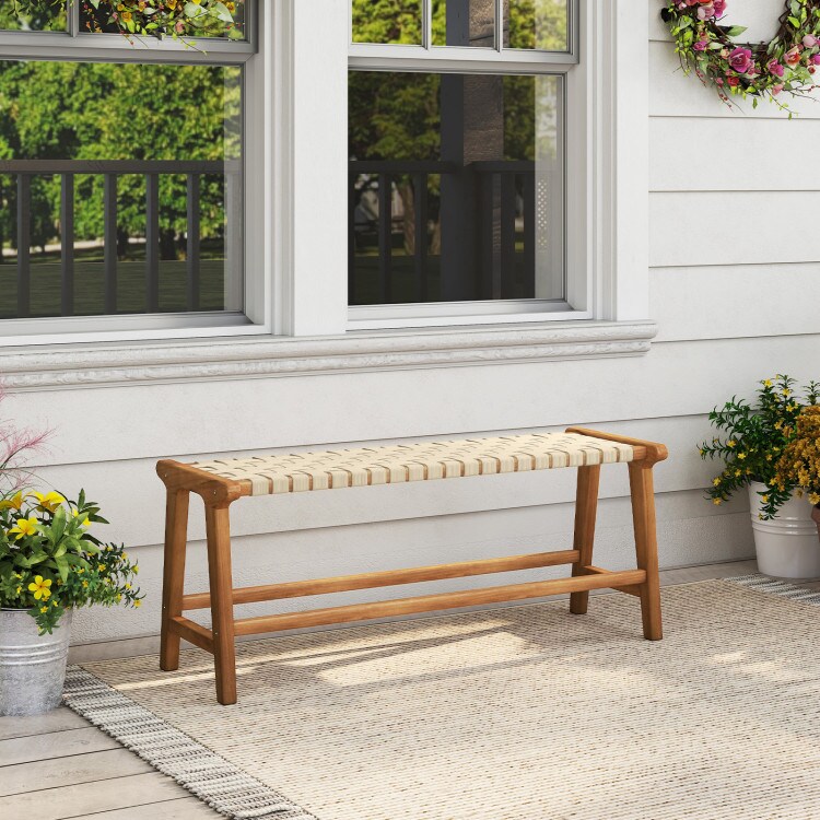 Natural-Beige Teak Wood Backless Bench with Woven Seat for Indoor and Outdoor