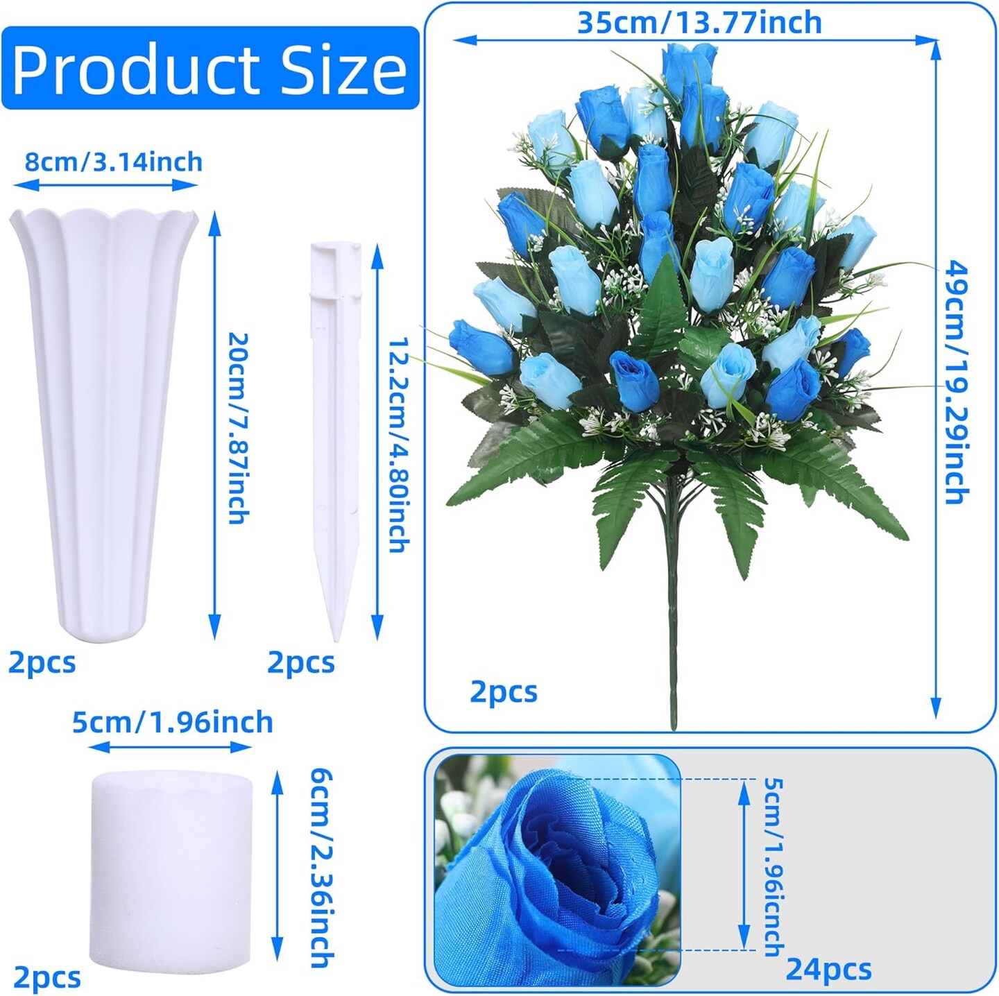 Blue Artificial Cemetery Flowers for Graveside - Set of 2 Large Rose Memorial Bouquets with Vases and Ground Spikes - 18.9" Silk Grave Decorations - Weather Resistant & Fade-Proof - Mother's Day