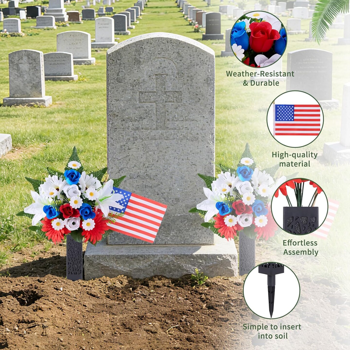 Memorial Day Flowers for Cemetery - Patriotic Red White and Blue Artificial Roses with American Flag - 12-Head Silk Grave Decorations for Veterans - Weather Resistant Memorial Flowers with Ground Stake