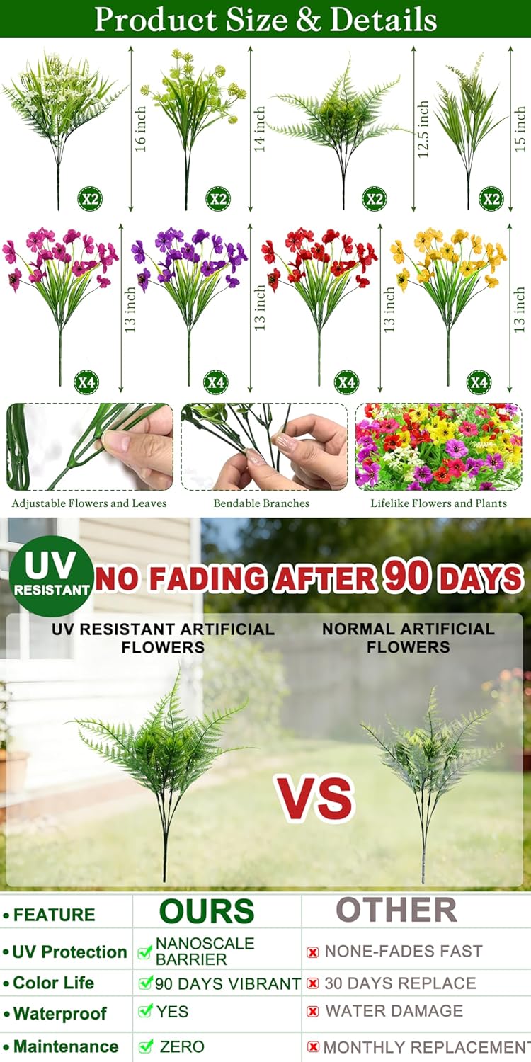 24 Bundles Artificial Flowers for Outdoors - UV Resistant Fake Flowers & Faux Plastic Plants - 8 Styles of Colorful Daisies, Boston Ferns, and Lavender - All-Season Decor for Porch, Patio, Window Boxes, and Cemetery