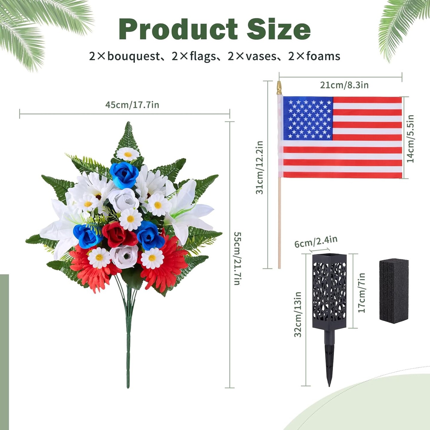 Memorial Day Flowers for Cemetery - Patriotic Red White and Blue Artificial Roses with American Flag - 12-Head Silk Grave Decorations for Veterans - Weather Resistant Memorial Flowers with Ground Stake