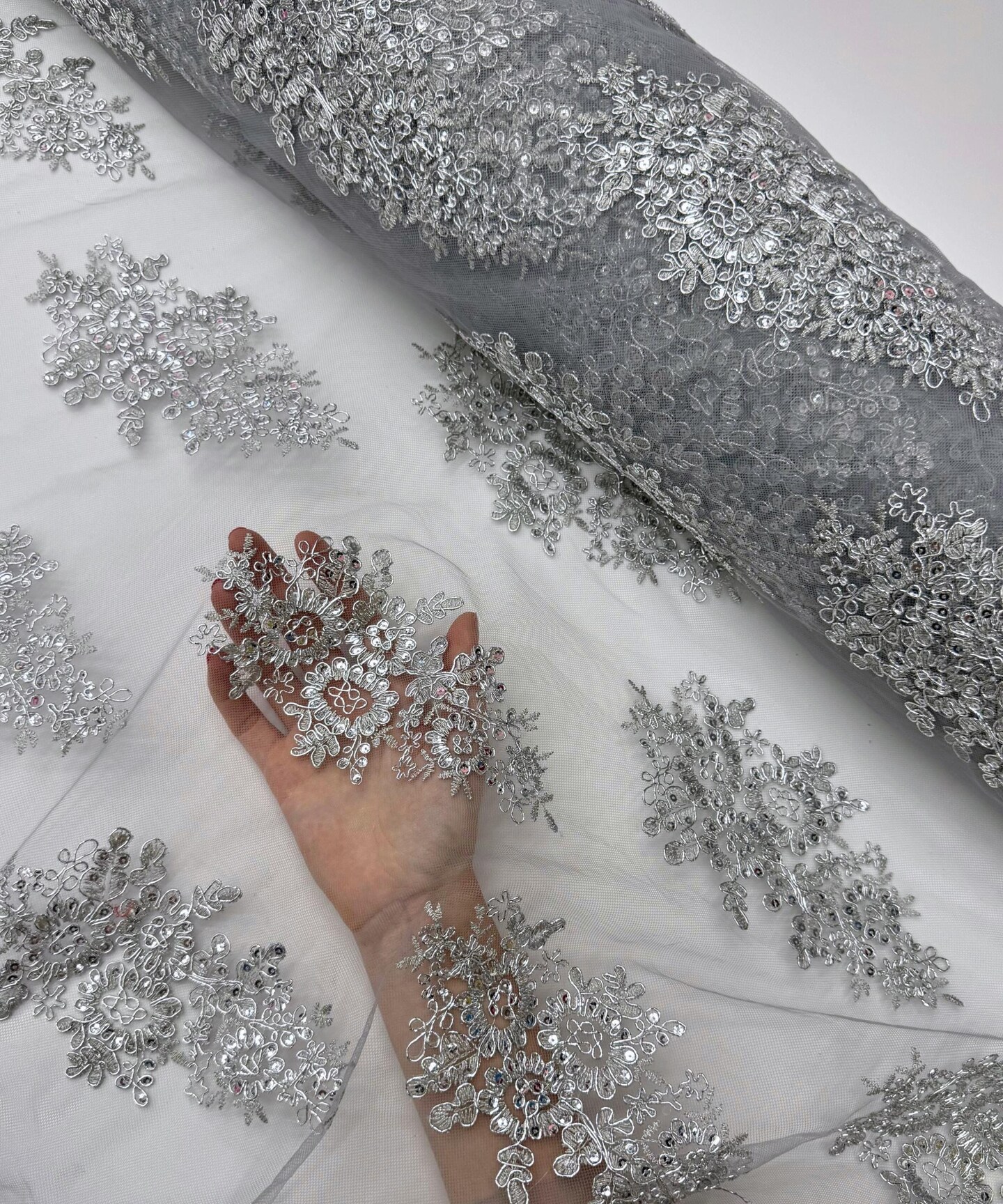 Silver Sequin Embroidered Lace Fabric by the Yard, 54" Wide Floral Mesh Lace with Double Scalloped Edges
