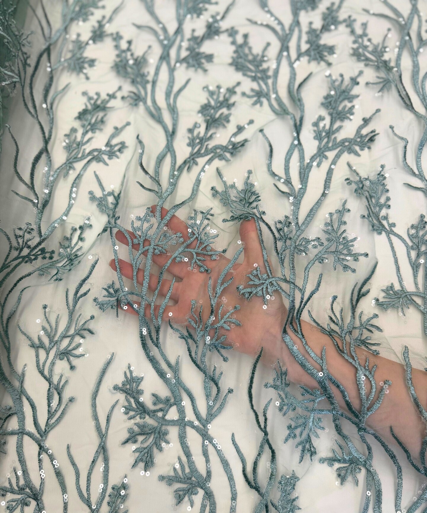 Mint Sequin Embroidered Lace Fabric by the Yard, 54" Wide Floral Mesh Lace with Double Scalloped Edges