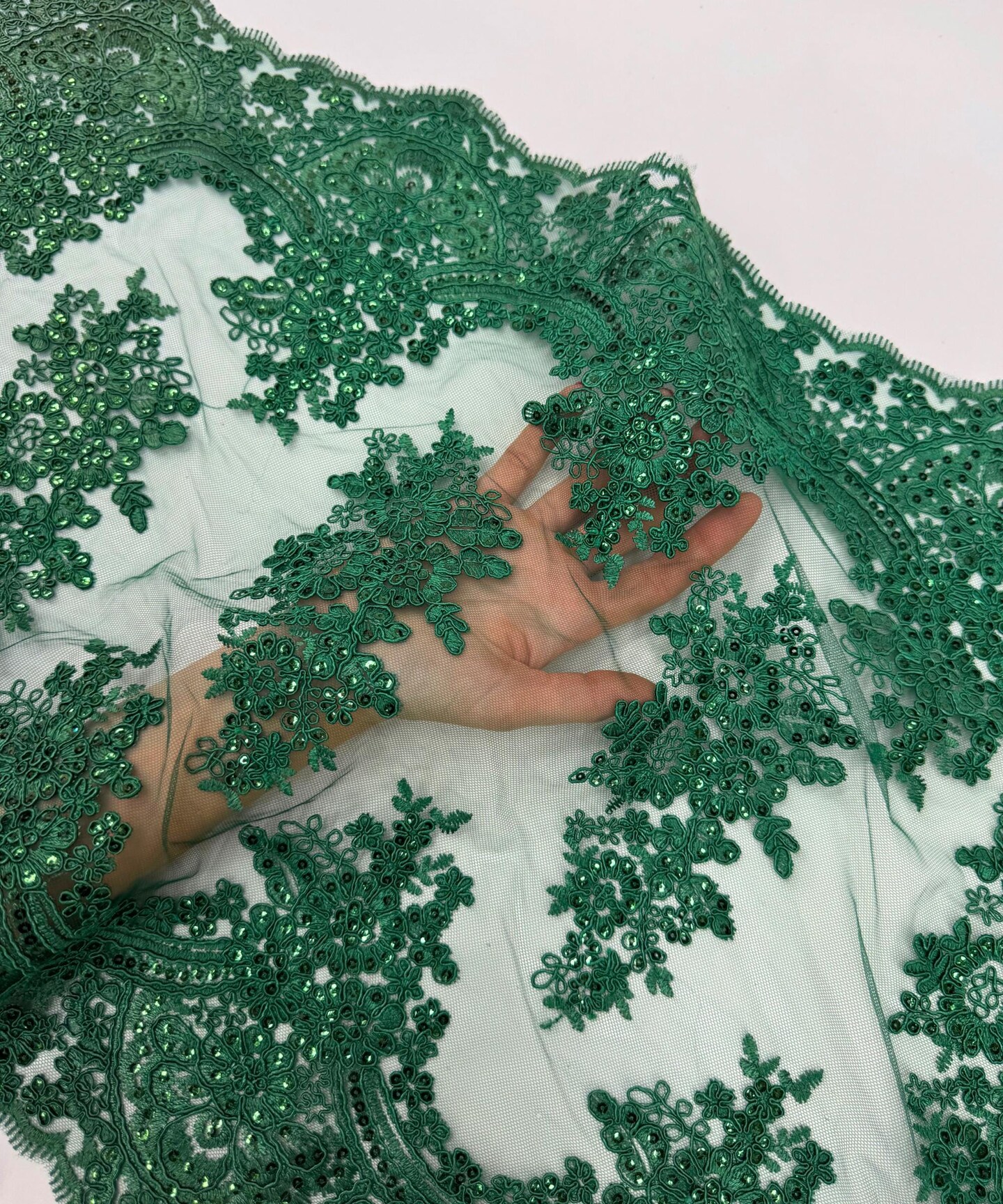 Hunter Green Embroidered Lace Table Runner by the Yard, 20" Wide Sequin Mesh Lace Trim with Scalloped Edges