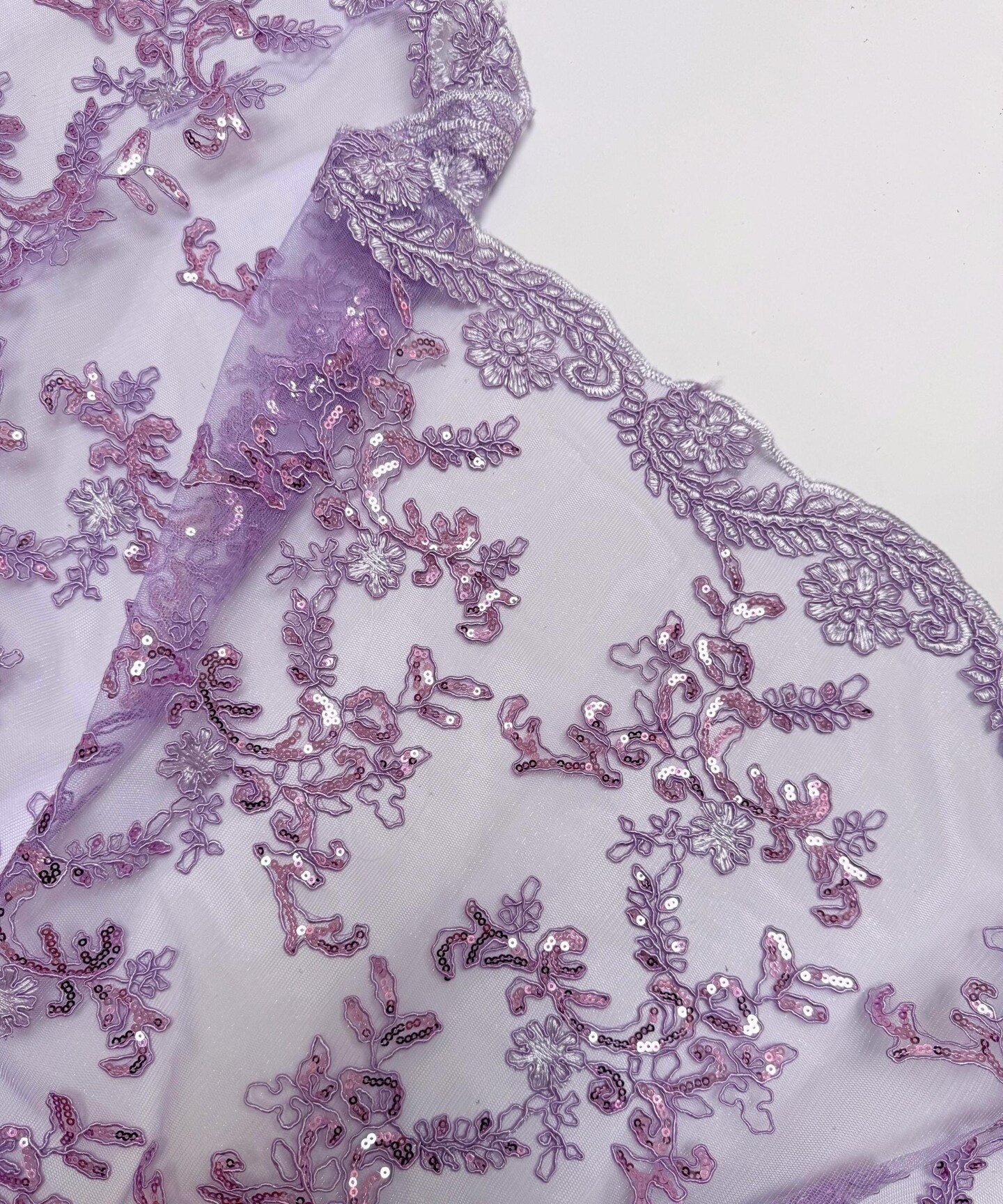 Lavender Sequin Embroidered Lace Fabric by the Yard, 54" Wide Floral Mesh Lace with Double Scalloped Edges