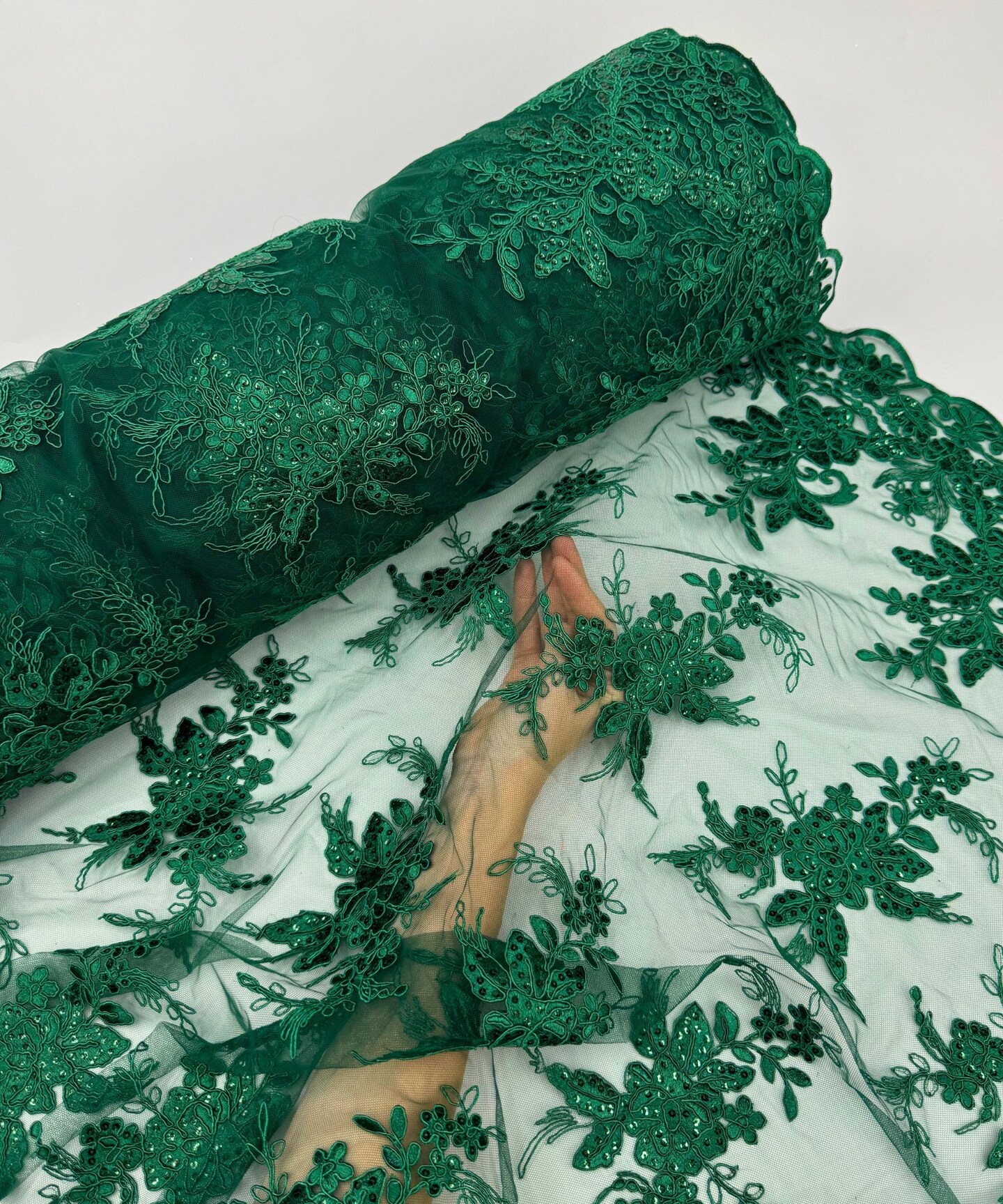 Hunter Green Sequin Embroidered Lace Fabric by the Yard, 54" Wide Floral Mesh Lace with Double Scalloped Edges