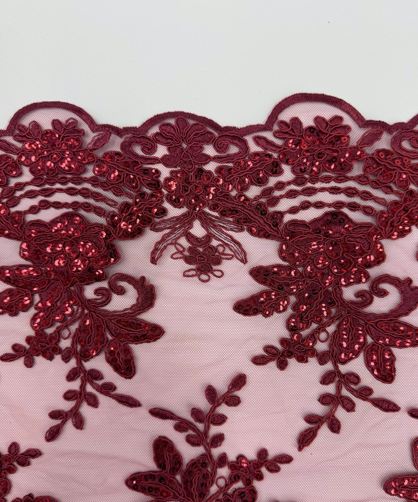 Burgundy Floral Embroidered Lace Table Runner by the Yard, 14" Wide Sequin Mesh Lace Trim with Scalloped Edges