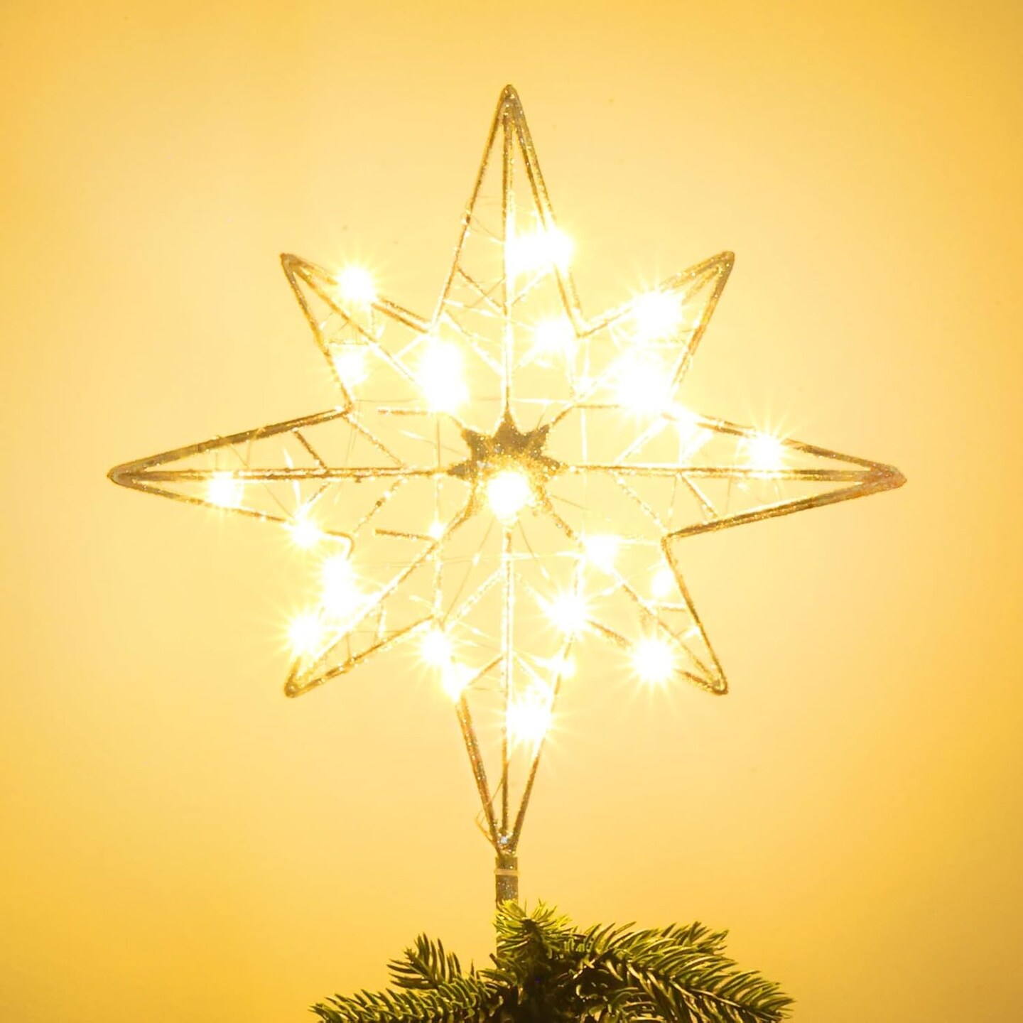 Christmas Tree Topper, 11 Inches Lighted Gold Glittered 8-Point Star Tree Topper