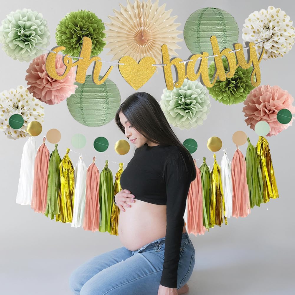 Green Pink Gold Baby Shower Decorations(Sage Green, Dusty Pink, Olive Green)
