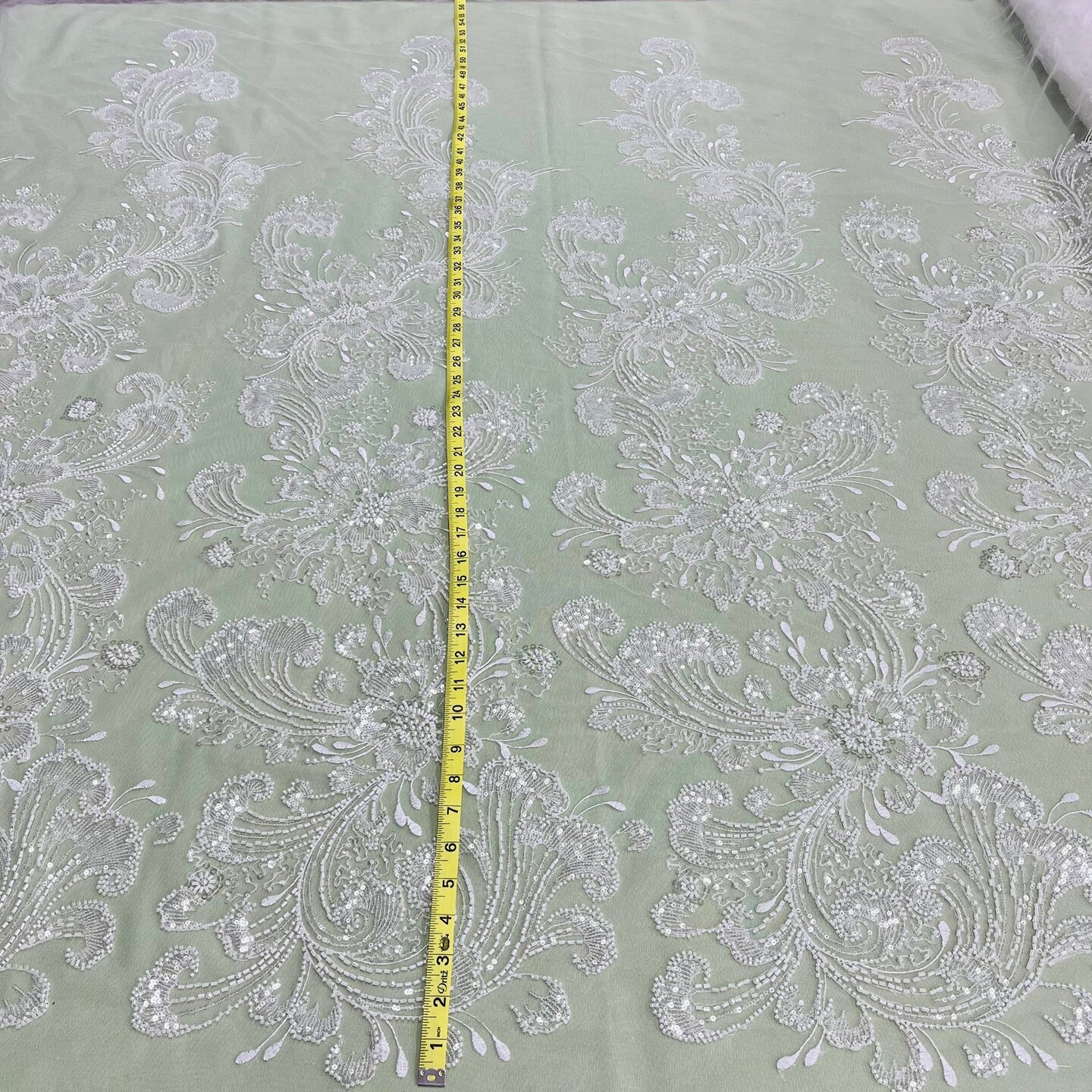 1 Yard Antique Silver Beaded Lace Fabric Embroidered on Polyester Net Mesh Elegant Design 52 Inch Width