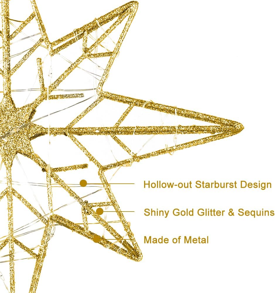 Christmas Tree Topper, 11 Inches Lighted Gold Glittered 8-Point Star Tree Topper