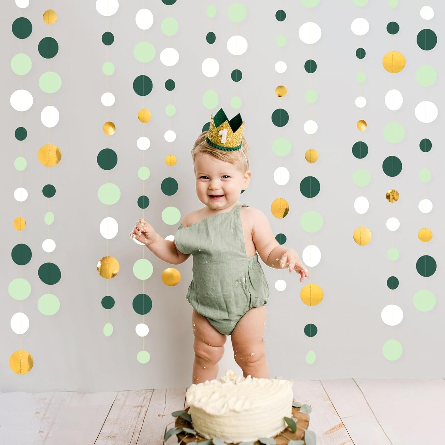 46 Ft Sage Green Gold Party Decorations Polka Dots Garlands Hanging(Sage Green Gold White)