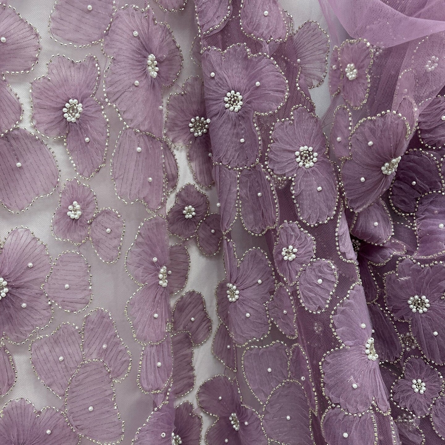 1 Yard Exquisite Champagne Beaded 3D Floral Lace Fabric on Net Mesh 52 inch Width