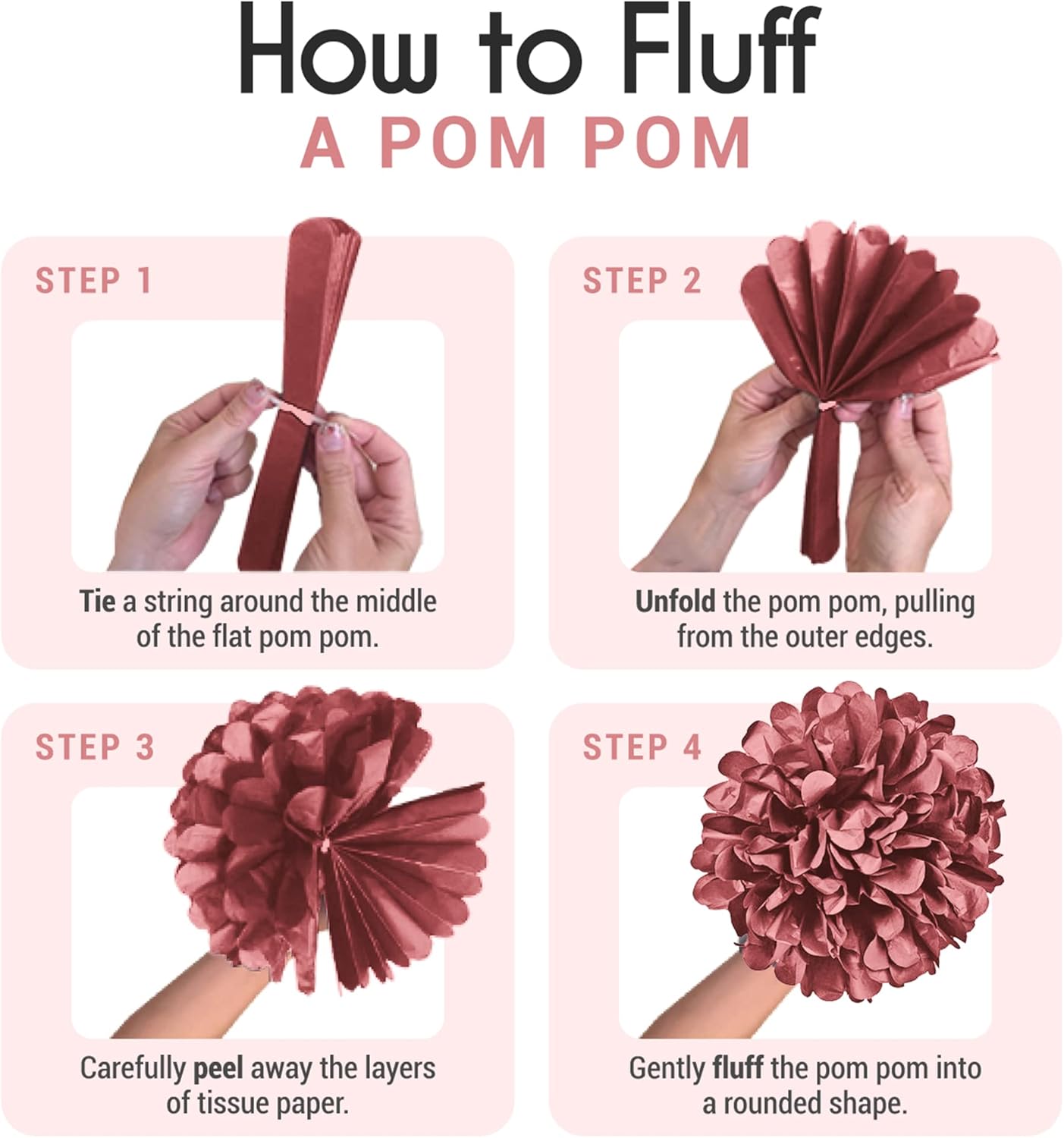 20 Piece Tissue Paper Pom Poms(Blush Pink, Dusty Rose, Mauve, Cream)