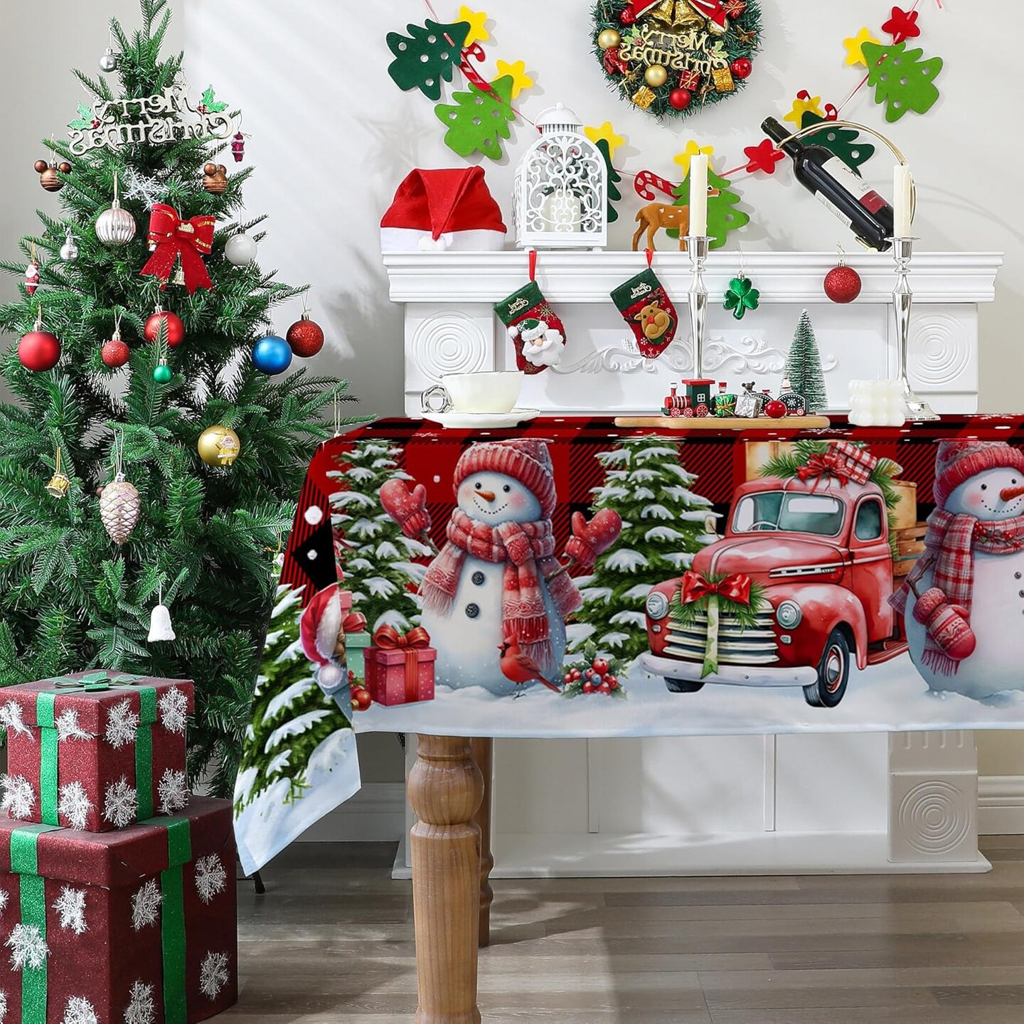 Christmas Tablecloth 60x84 Inches for Rectangle Tables - Red Plaid Christmas Decor for Table - Snowman Water Resistant Xmas Table Cloth, Chrismtas Party Decorations for Kitchen, Home
