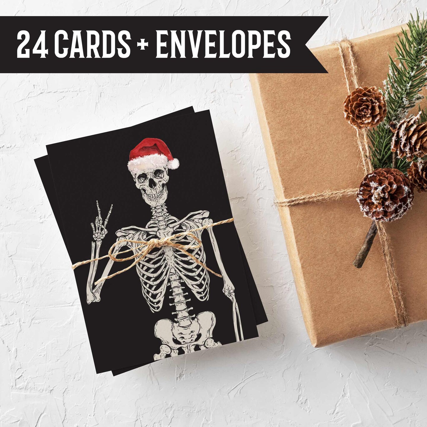 Skeleton Christmas Greeting Cards - 24-Pack Holiday Note Cards with 4 Unique Skeleton Designs in Festive Hats, Blank Inside for Merry Christmas &#x26; Happy Holiday Messages, Fun and Alternative Seasonal Stationery Set