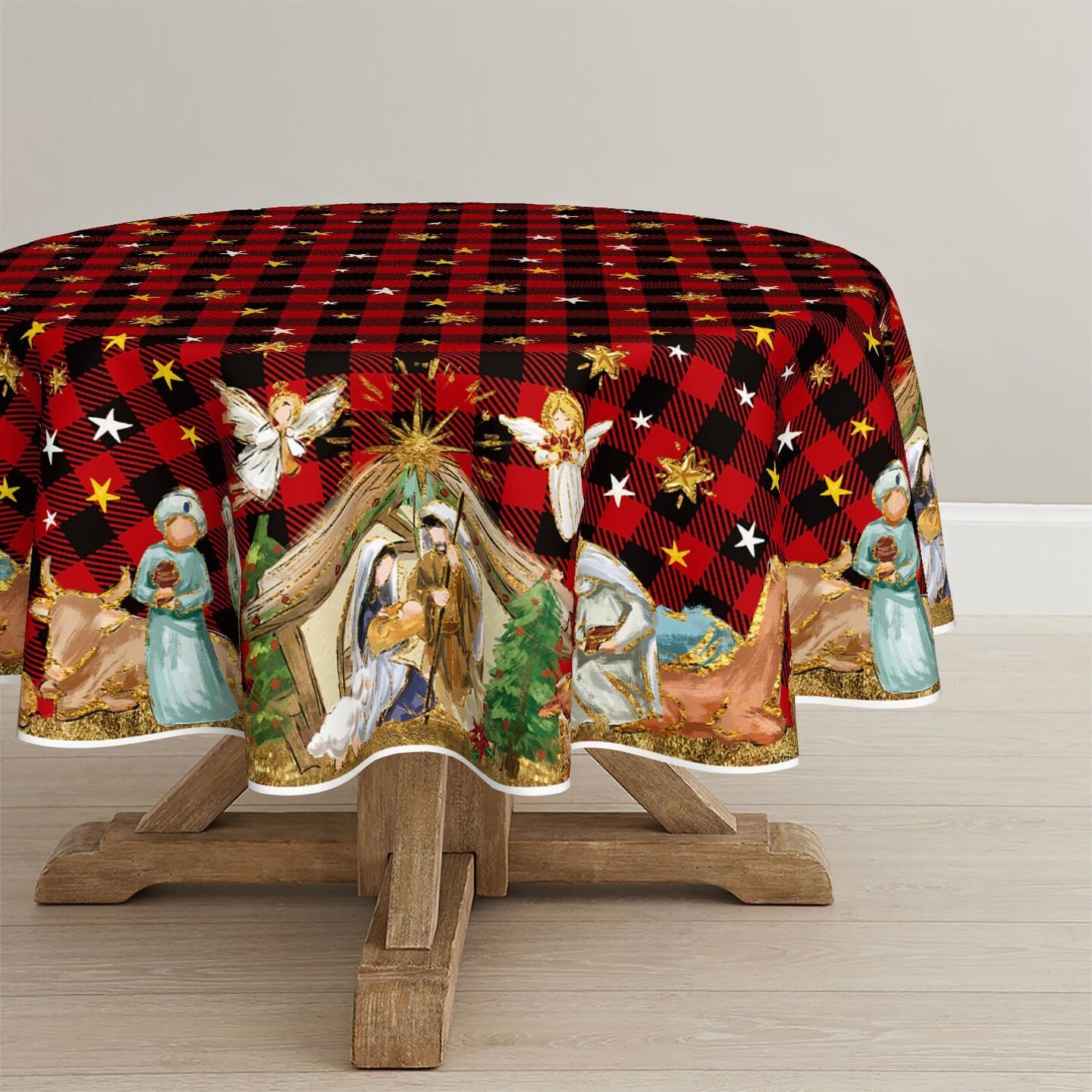Christmas Tablecloth 70&#xD7;70 Inch Round, Holy Nativity Red Buffalo Plaid Washable Table Cover for Party Picnic Dinner Decor